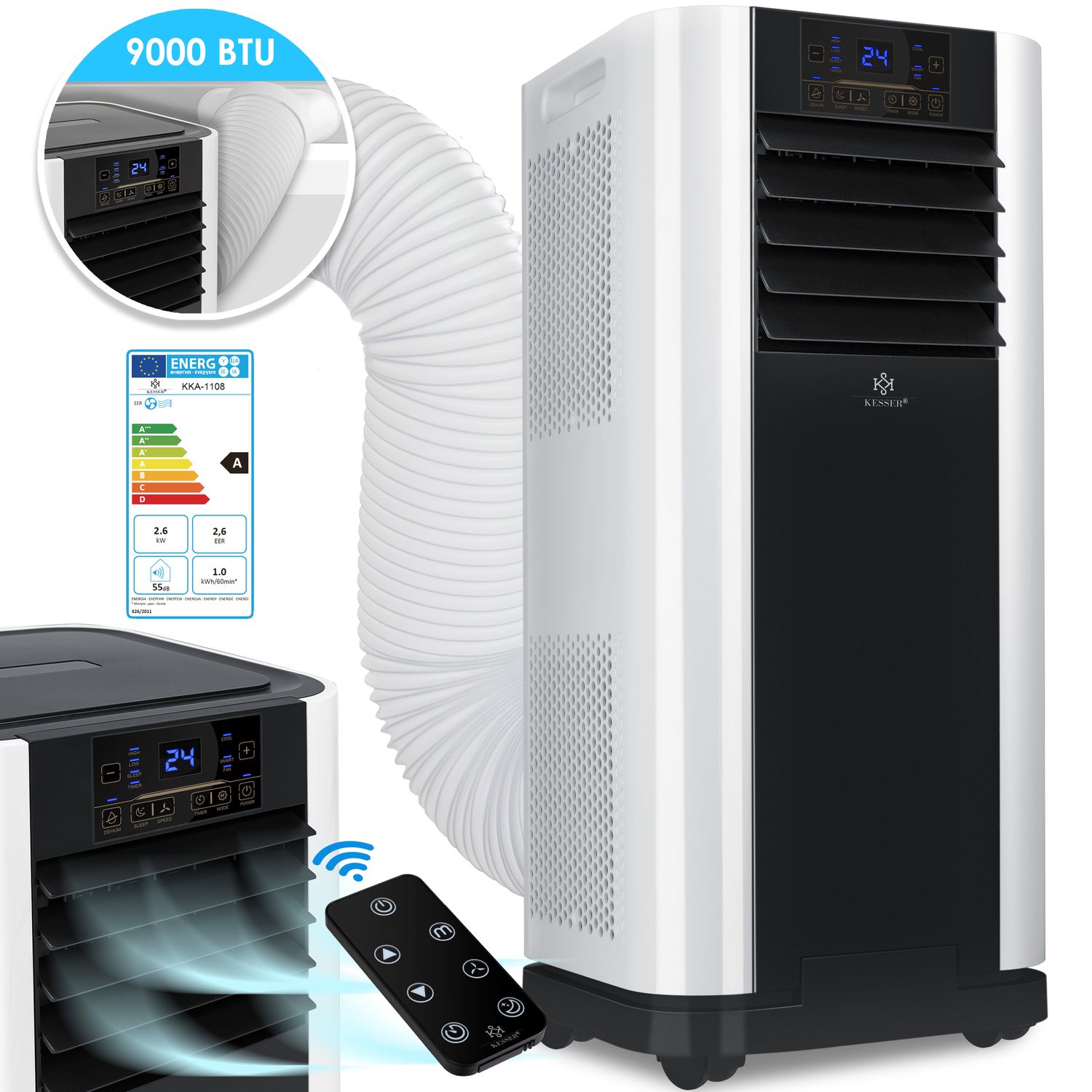 KESSER&reg; - Klimaanlage Mobiles Klimager&auml;t 4in1 k&uuml;hlen, Luftentfeuchter, l&uuml;ften, Ventilator - 9000 BTU/h (2.600 Watt) 2,6KW - Klima mit Montagematerial, Fernbedienung und Timer, Nachtmodus (EEK: A) - Bild 1