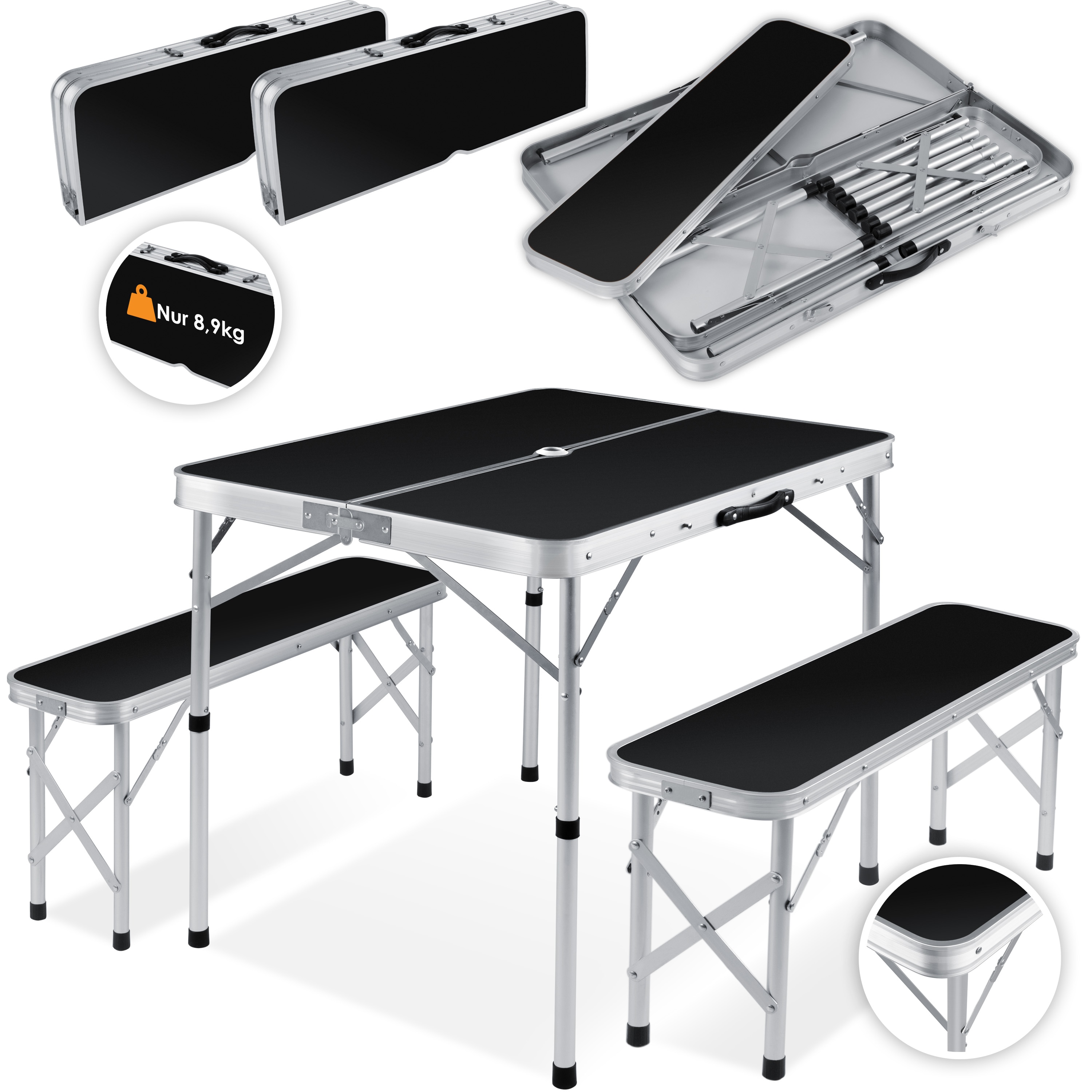 KESSER&reg; - Koffertisch mit 2 Sitzb&auml;nke 3tlg Campingm&ouml;bel Set Aluminium | Totalma&szlig;e geklappt 91x10x34 cm | Campingtisch Klapptisch Picknick | Inkl. Schirmhalterung | Tragegriff | MDF | Klappbar - Bild 1