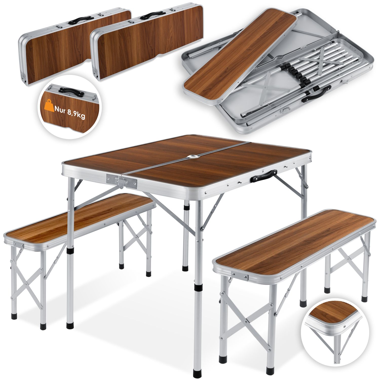 KESSER&reg; - Koffertisch mit 2 Sitzb&auml;nke 3tlg Campingm&ouml;bel Set Aluminium | Totalma&szlig;e geklappt 91x10x34 cm | Campingtisch Klapptisch Picknick | Inkl. Schirmhalterung | Tragegriff | MDF | Klappbar - Bild 1