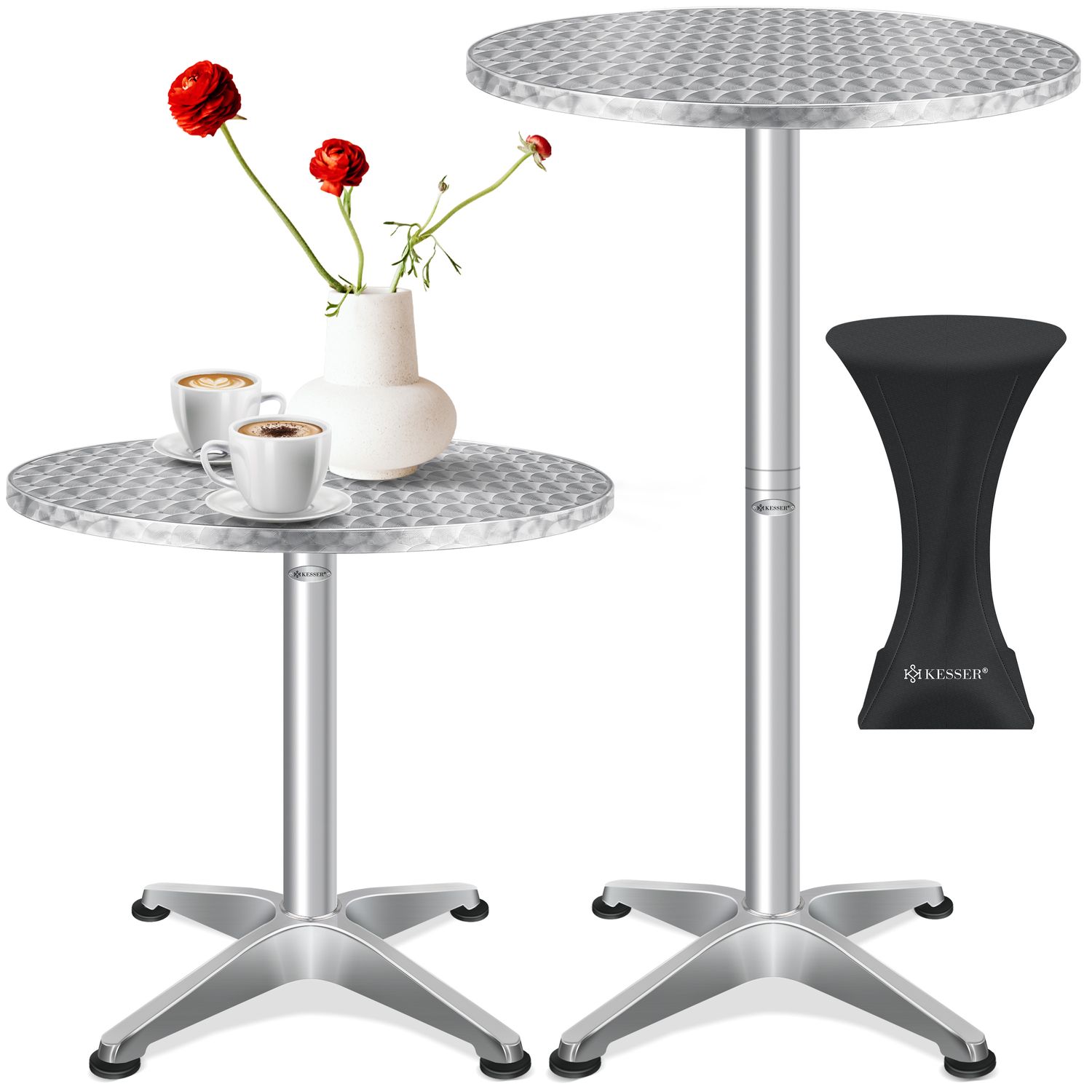 KESSER&reg; 2in1 Stehtisch Bistrotisch Aluminium Edelstahlplatte | h&ouml;henverstellbar | 70cm / 115cm | Partytisch Tisch | In- & Outdoor | Hochzeit | Empfangstisch | 4 Standf&uuml;&szlig;e und Regencover - Bild 1