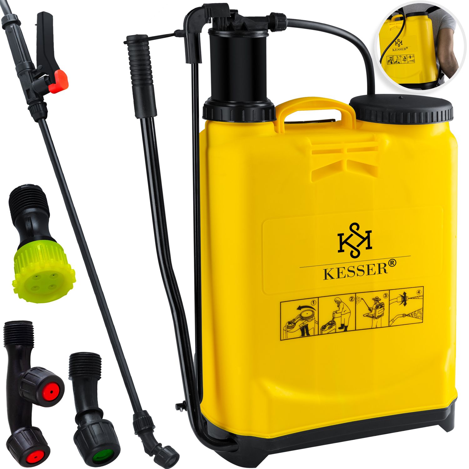 KESSER&reg; - Druckspr&uuml;her Pflanzenspr&uuml;her R&uuml;ckenspritze 4 D&uuml;sen 16 Liter 1-3 Bar Ergonomisch gefromte R&uuml;ckenpartie Pumpenhebel tragbarer Pumpspr&uuml;her Druckentlastungsventil 125 cm PVC Schlauch - Bild 1
