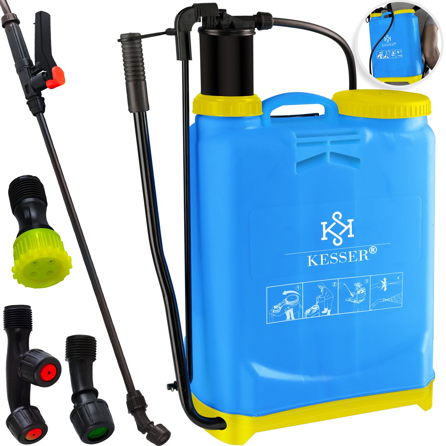 KESSER&reg; - Druckspr&uuml;her Pflanzenspr&uuml;her R&uuml;ckenspritze 4 D&uuml;sen 16 Liter 1-3 Bar Ergonomisch gefromte R&uuml;ckenpartie Pumpenhebel tragbarer Pumpspr&uuml;her Druckentlastungsventil 125 cm PVC Schlauch - Bild 1