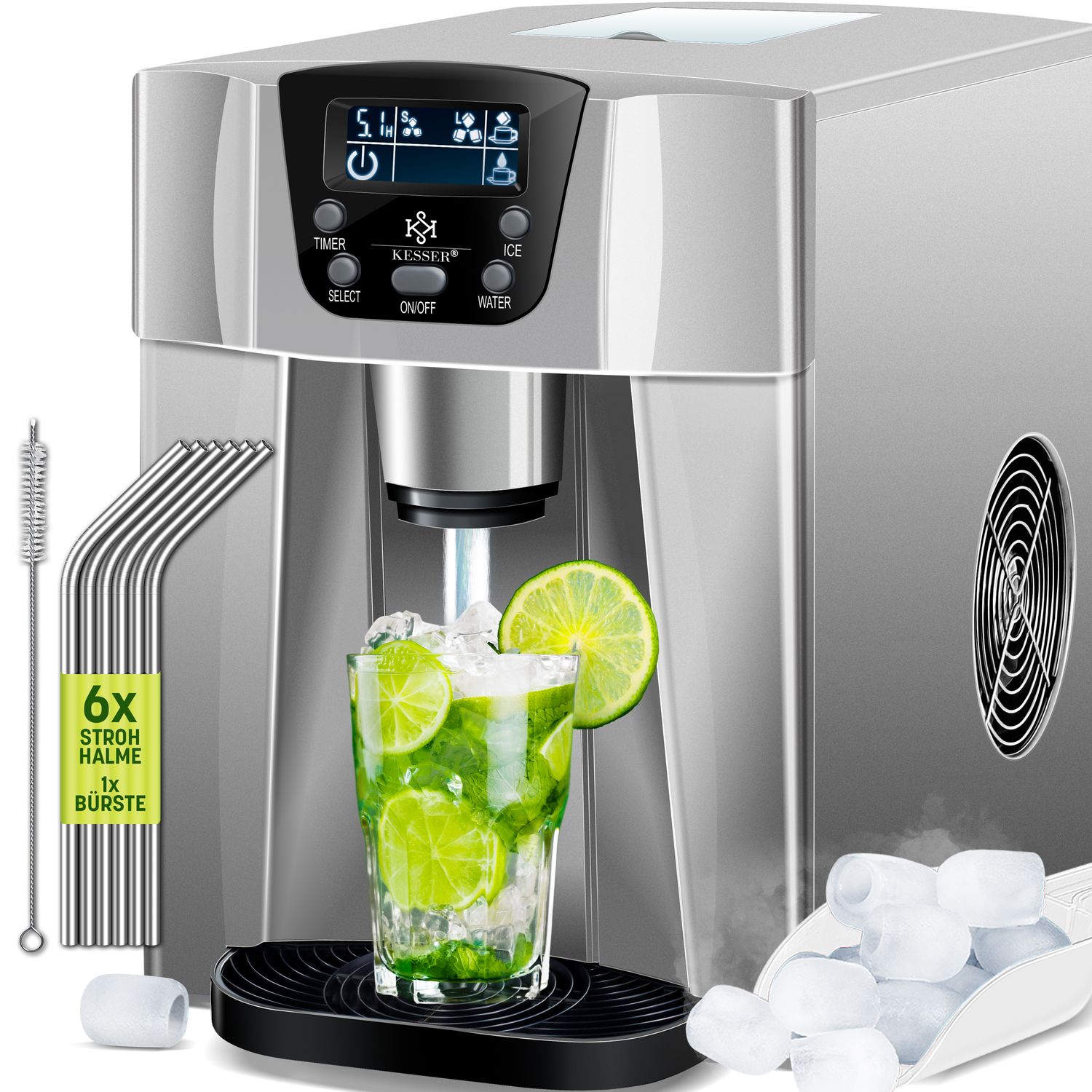 KESSER&reg; Eisw&uuml;rfelbereiter | Eisw&uuml;rfelmaschine Edelstahl | 100W  Ice Maker | 12 kg 24 h | 2 W&uuml;rfelgr&ouml;&szlig;en | Zubereitung in 6 min | 2 Liter Wassertank | Timer | LCD-Display | Wassertank - Bild 1
