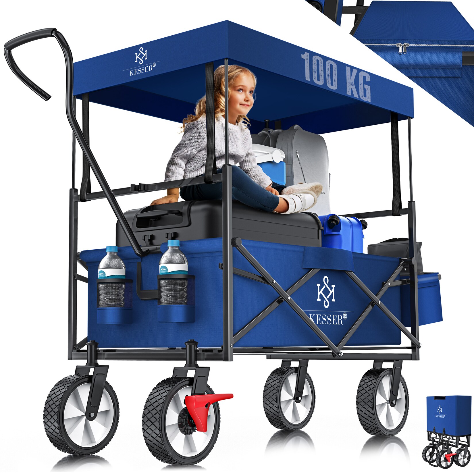 KESSER® Bollerwagen faltbar mit Dach Handwagen Transportkarre Gerätewagen inkl. 2 Netztaschen und Einer Außentasche klappbar Vollgummi-Reifen bis 100 kg Tragkraft Mit Vorderrad-Bremse