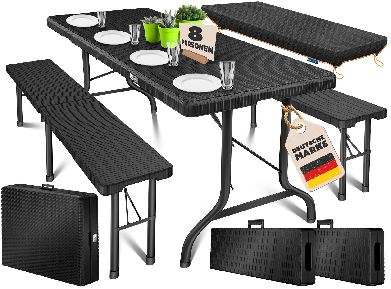 KESSER® Bierzeltgarnitur 3-teilig Set Tisch & 2x Bank Buffettisch für drinnen & draußen Gartengarnitur klappbar 183x76x74cm Kunststoff Klapptisch Gartentisch inkl. Abdeckung & Tragegriffe