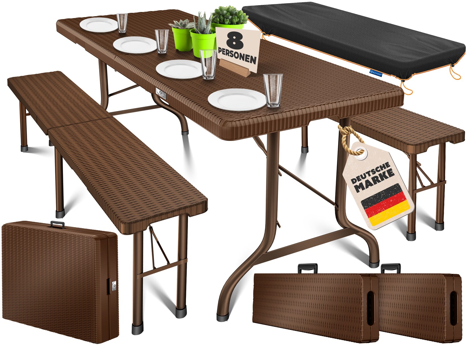 KESSER® Bierzeltgarnitur 3-teilig Set Tisch & 2x Bank Buffettisch für drinnen & draußen Gartengarnitur klappbar 183x76x74cm Kunststoff Klapptisch Gartentisch inkl. Abdeckung & Tragegriffe