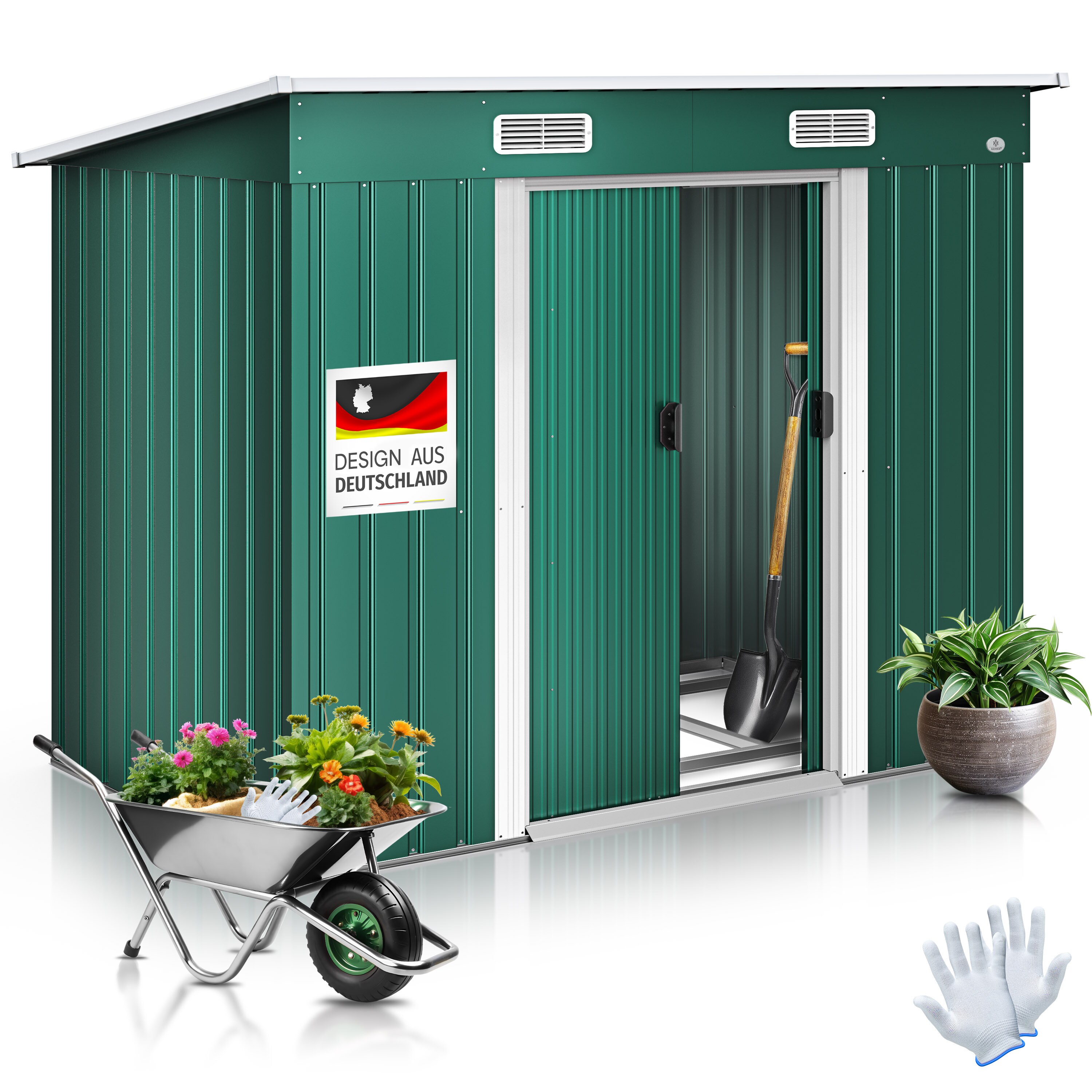 KESSER&reg; - Ger&auml;tehaus L Metall 4 m&sup3; mit Fundament | 210x122x186 cm | 2x Schiebet&uuml;r & Fundament | Ger&auml;teschuppen | Gartenhaus Schrank | Pultdach Garten Schuppen | Inkl. Arbeitshandschuhe - Bild 1