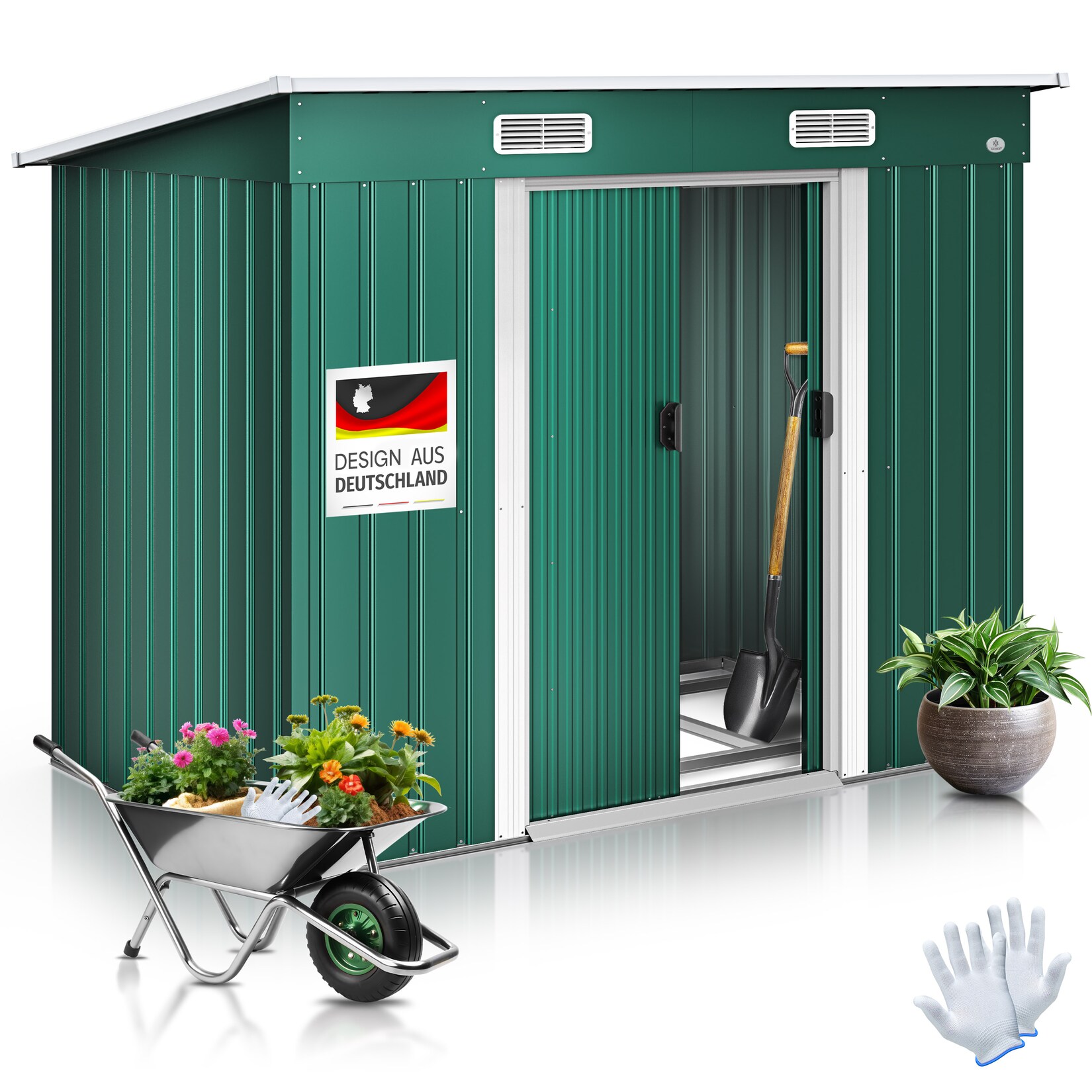 KESSER® – Gerätehaus L Metall 4 m³ mit Fundament   210x122x186 cm   2x Schiebetür & Fundament   Geräteschuppen   Gartenhaus Schrank   Pultdach Garten Schuppen   Inkl. Arbeitshandschuhe | 04260663289280