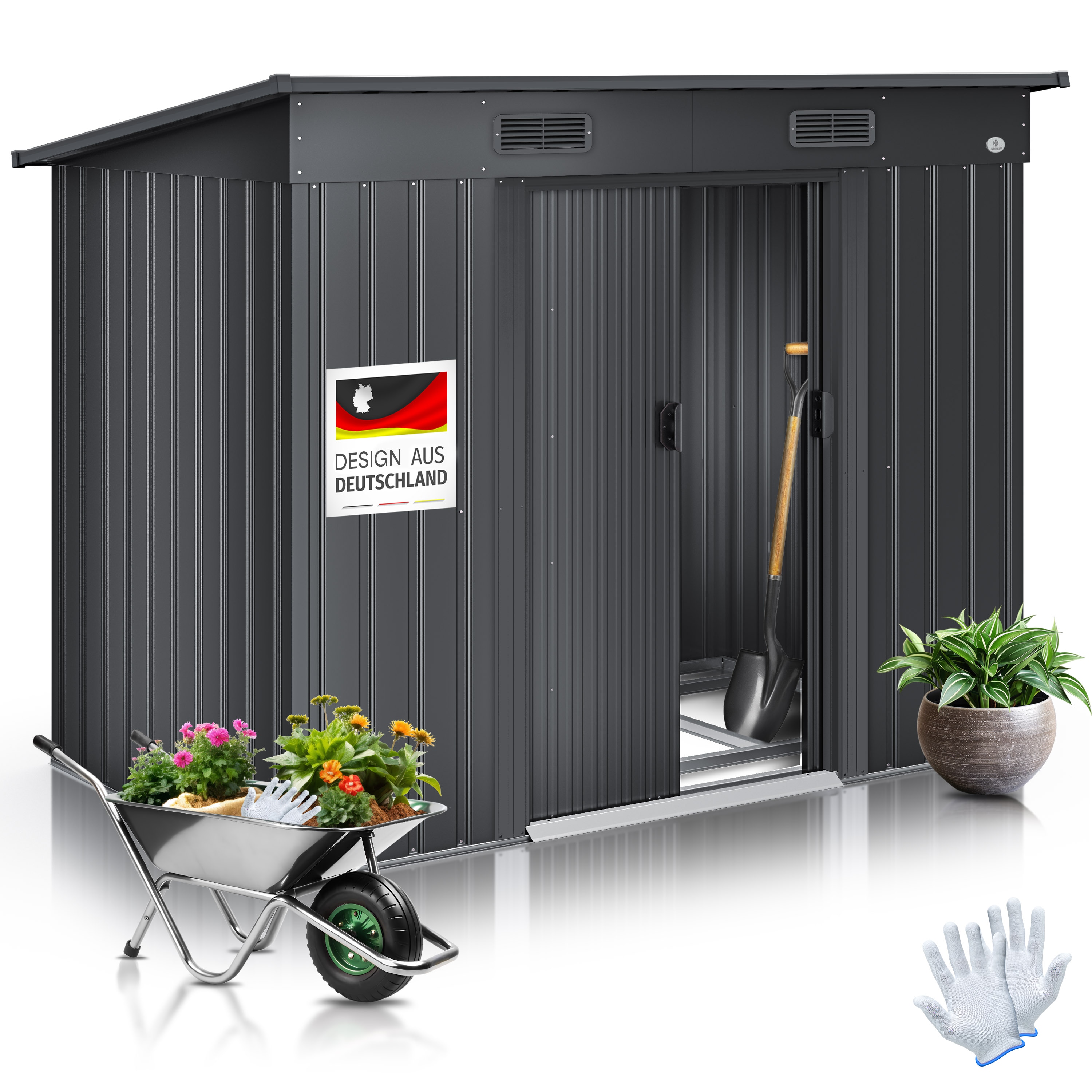 KESSER&reg; - Ger&auml;tehaus L Metall 4 m&sup3; mit Fundament | 210x122x186 cm | 2x Schiebet&uuml;r & Fundament | Ger&auml;teschuppen | Gartenhaus Schrank | Pultdach Garten Schuppen | Inkl. Arbeitshandschuhe - Bild 1