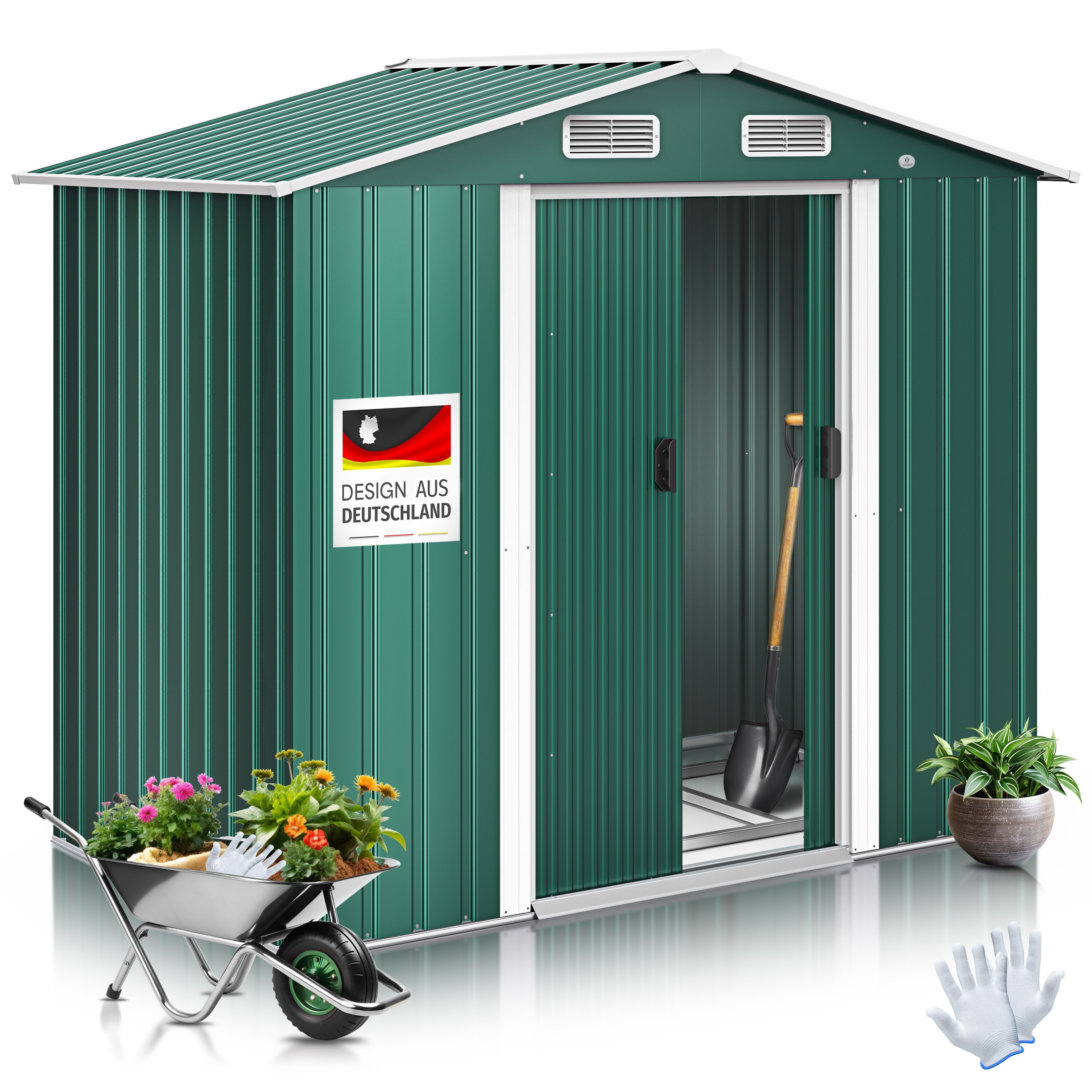 KESSER&reg; XL Metall Ger&auml;tehaus 4,2m&sup3; mit Fundament | inkl. Arbeitshandschuhe | 195x131x186cm |  2x Schiebet&uuml;r & Fundament | Ger&auml;teschuppen | Gartenhaus Schrank | Satteldachdach Garten Schuppen - Bild 1