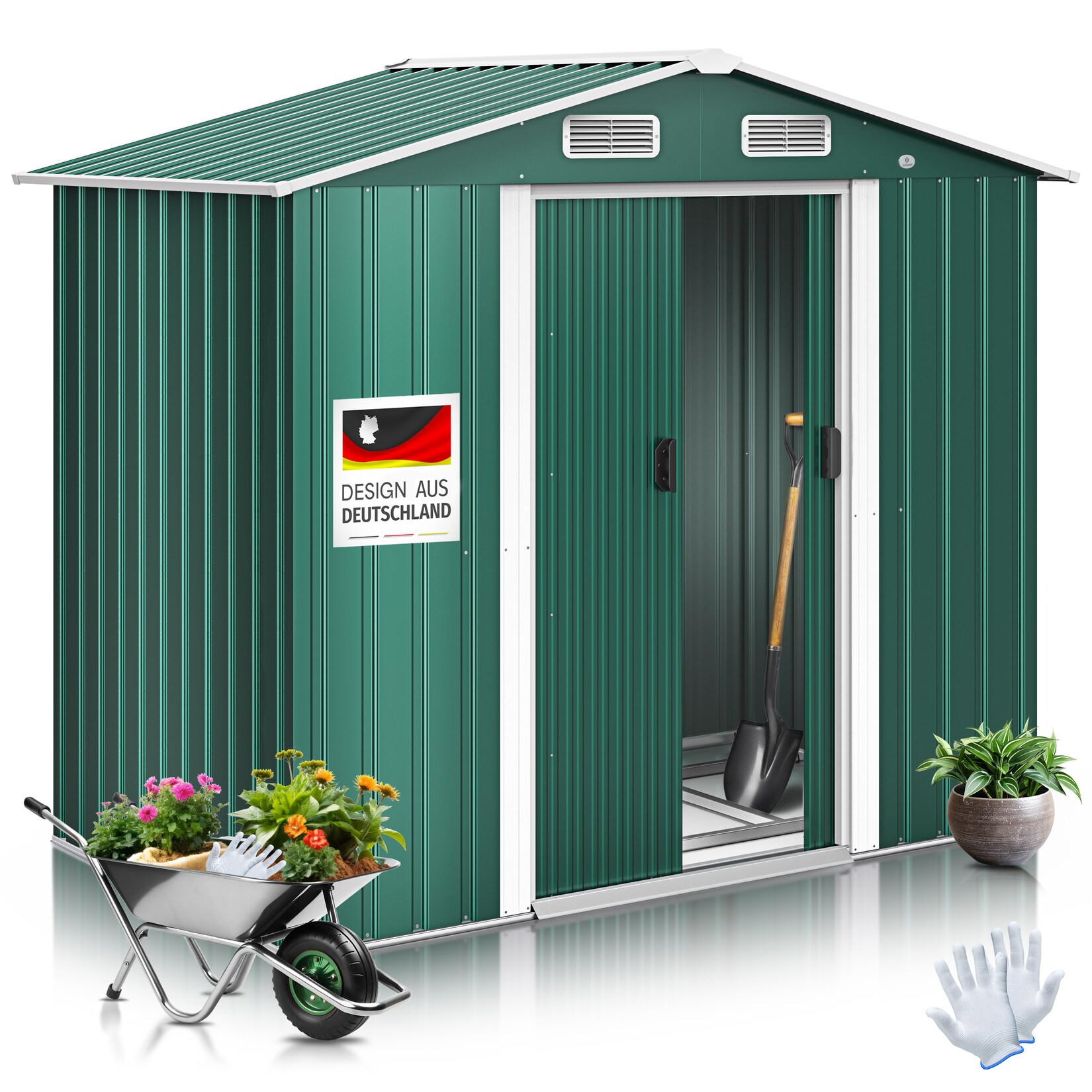 KESSER® XL Metall Gerätehaus 4,2m³ mit Fundament   inkl. Arbeitshandschuhe   195x131x186cm    2x Schiebetür & Fundament   Geräteschuppen   Gartenhaus Schrank   Satteldachdach Garten Schuppen