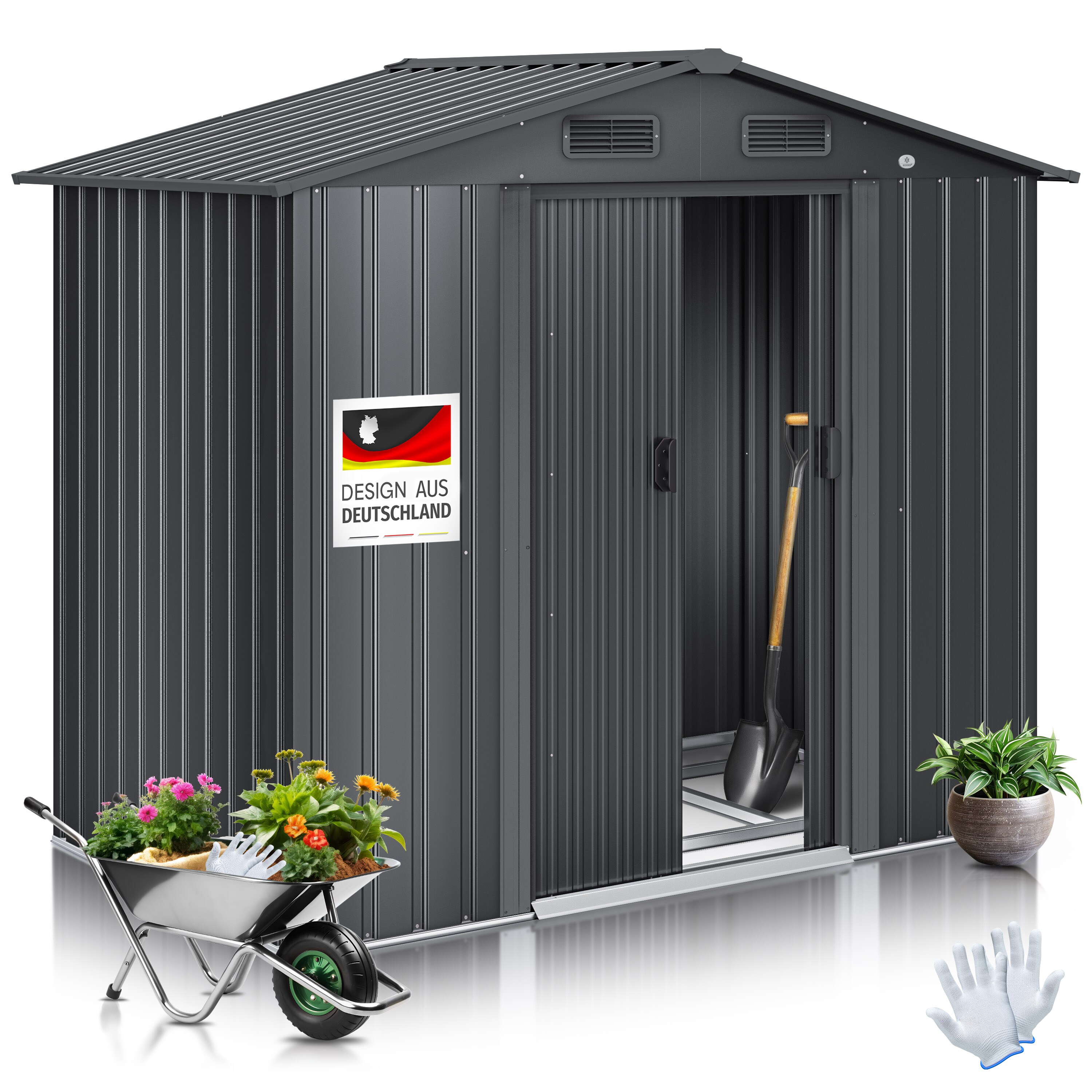 KESSER&reg; XL Metall Ger&auml;tehaus 4,2m&sup3; mit Fundament | inkl. Arbeitshandschuhe | 195x131x186cm |  2x Schiebet&uuml;r & Fundament | Ger&auml;teschuppen | Gartenhaus Schrank | Satteldachdach Garten Schuppen - Bild 1