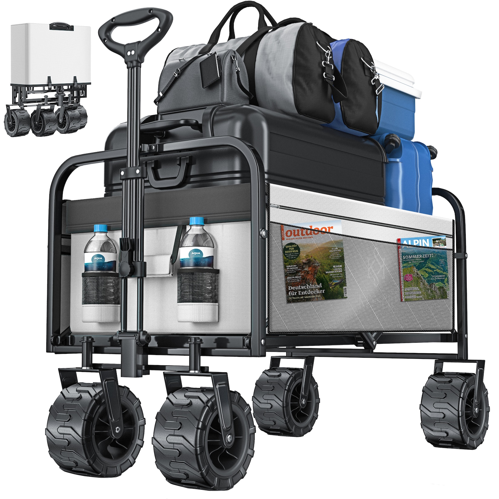 KESSER® Bollerwagen faltbar mit Breite Reifen Handwagen Transportkarre Gerätewagen inkl. 2 Netztaschen klappbar Kunststoff-Reifen bis 150 kg Tragkraft transportwagen Gartenanhänger