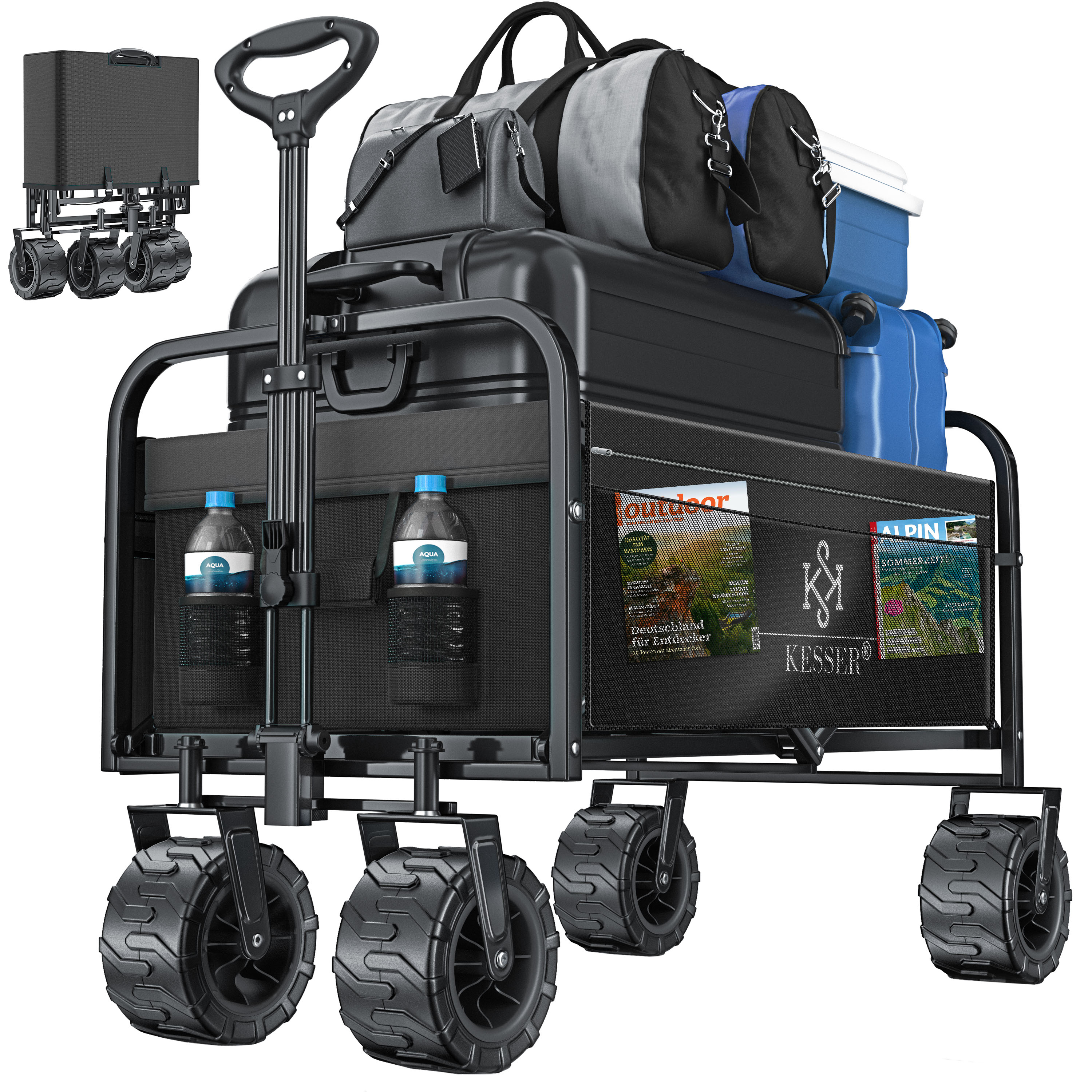 KESSER&reg; Bollerwagen faltbar mit Breite Reifen Handwagen Transportkarre Ger&auml;tewagen | inkl. 2 Netztaschen | klappbar | Kunststoff-Reifen | bis 150 kg Tragkraft transportwagen Gartenanh&auml;nger - Bild 1