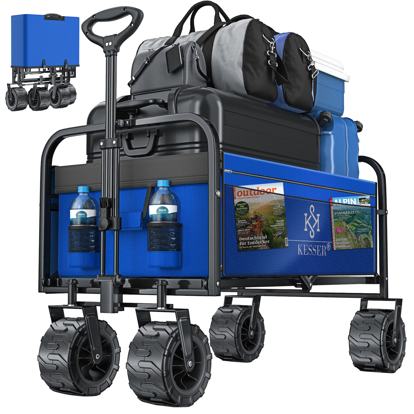 KESSER® Bollerwagen faltbar mit Breite Reifen Handwagen Transportkarre Gerätewagen inkl. 2 Netztaschen klappbar Kunststoff-Reifen bis 150 kg Tragkraft transportwagen Gartenanhänger