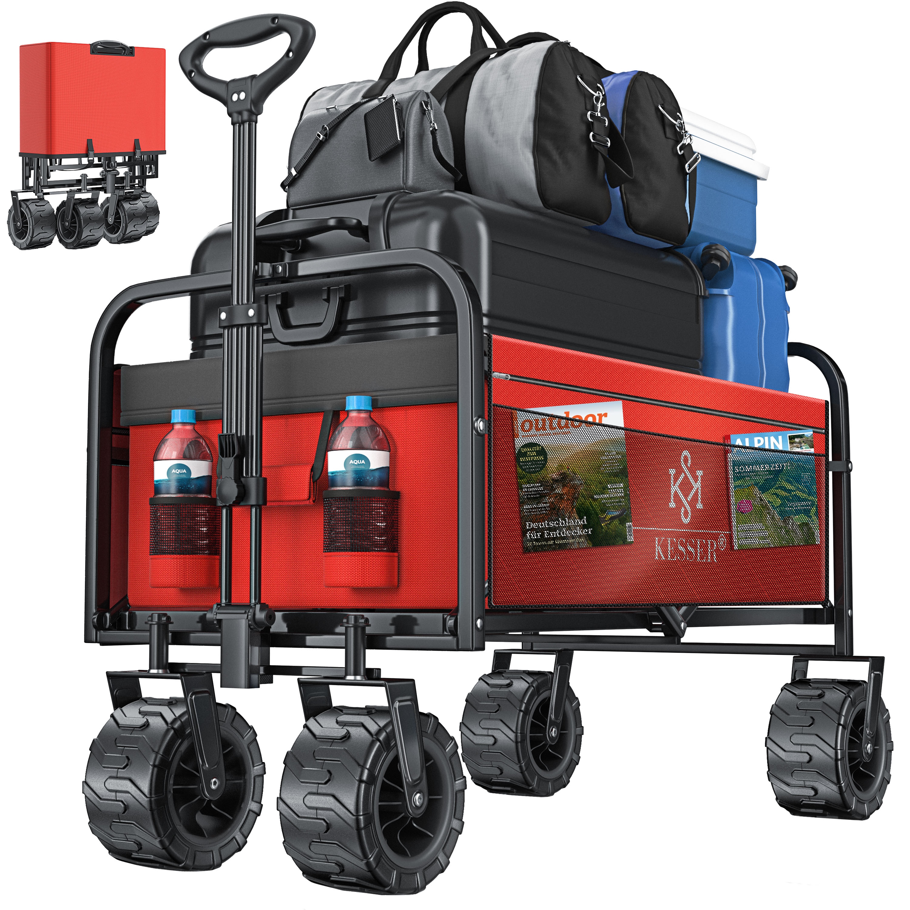 KESSER&reg; Bollerwagen faltbar mit Breite Reifen Handwagen Transportkarre Ger&auml;tewagen | inkl. 2 Netztaschen | klappbar | Kunststoff-Reifen | bis 150 kg Tragkraft transportwagen Gartenanh&auml;nger - Bild 1