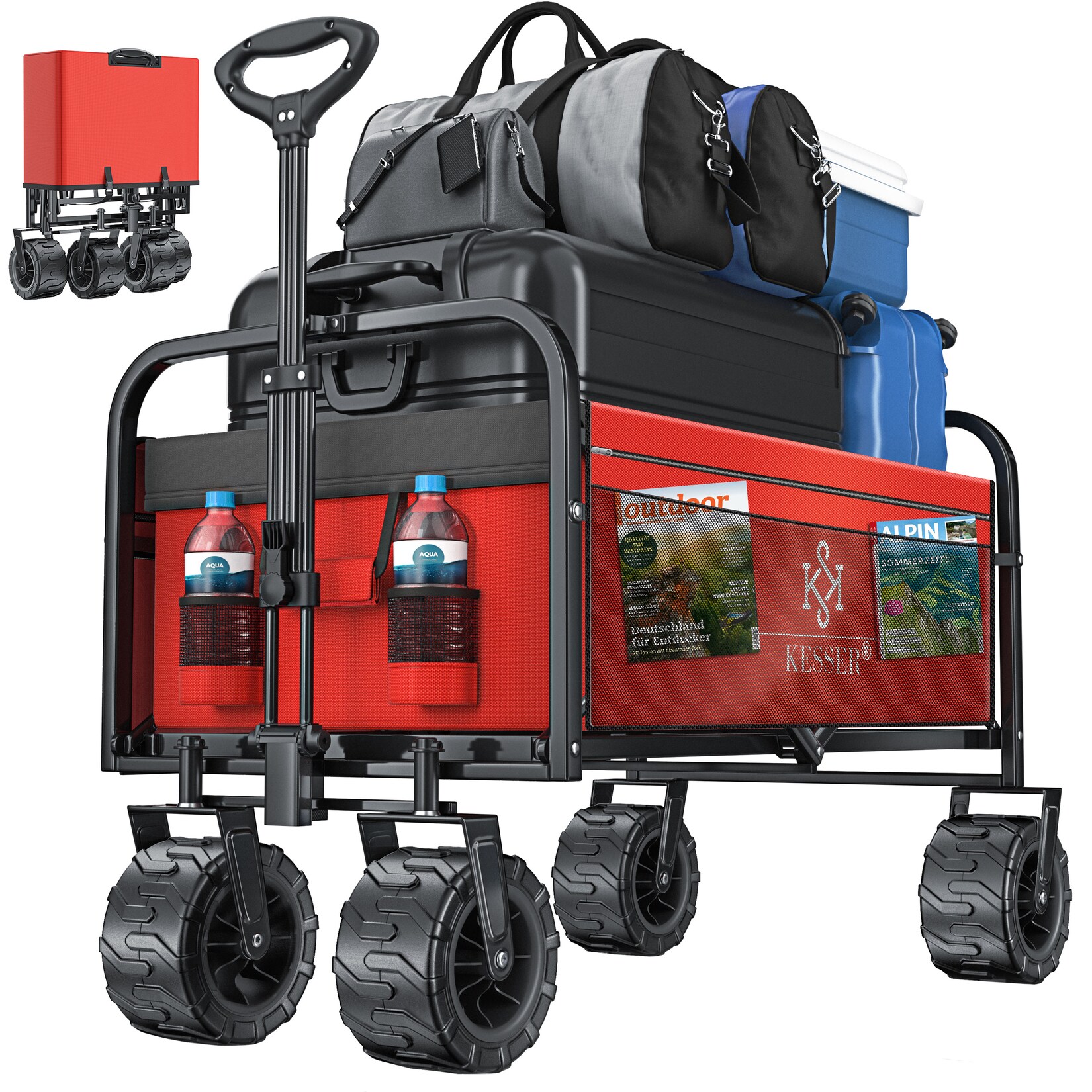 KESSER® Bollerwagen faltbar mit Breite Reifen Handwagen Transportkarre Gerätewagen   inkl. 2 Netztaschen   klappbar   Kunststoff-Reifen   bis 150 kg Tragkraft transportwagen Gartenanhänger | 04260635556211