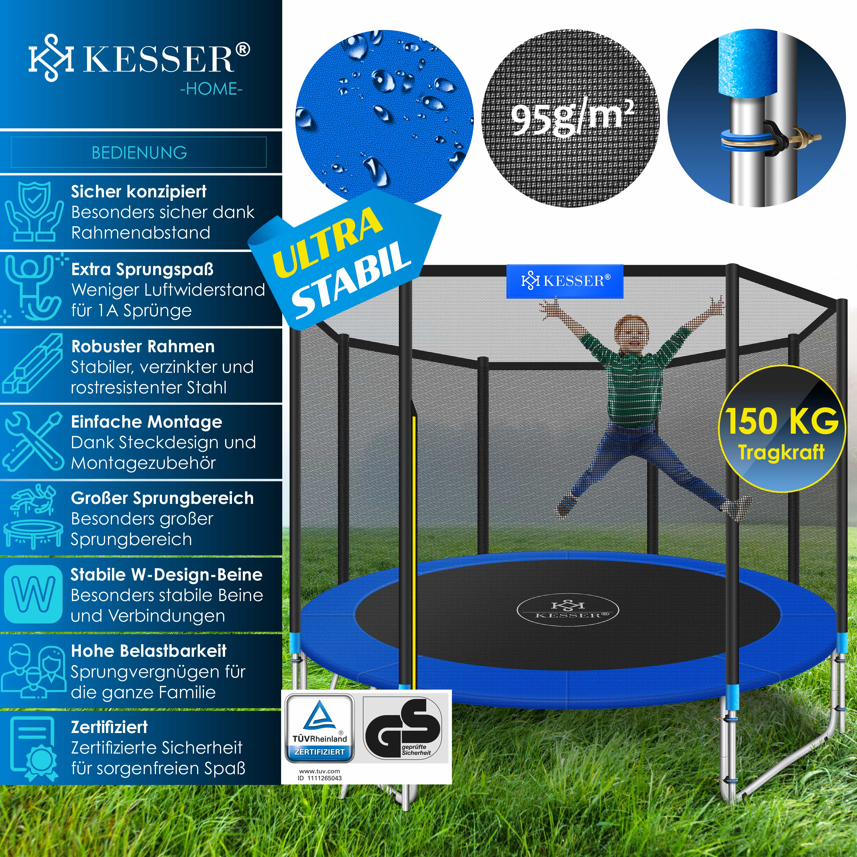 KESSER&reg; - Trampolin  | T&Uuml;V Rheinland GS Zertifiziert | Komplettset mit Sicherheitsnetz, Leiter,  Randabdeckung, Seitentasche & Zubeh&ouml;r | Kindertrampolin Gartentrampolin Belastbarkeit 150 kg - Bild 1