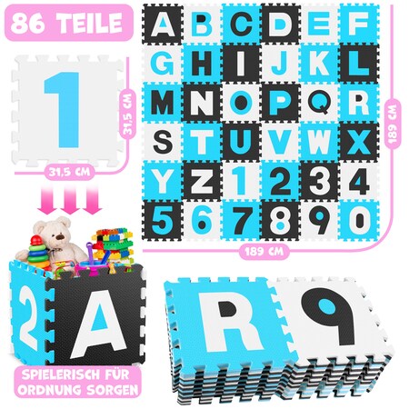 KIDIZ® 86 teilige Puzzlematte Kinderspielteppich Spielmatte Spielteppich  Schaumstoffmatte Kinderteppich, Puzzle Zahlen und Buchstaben Schutzmatte