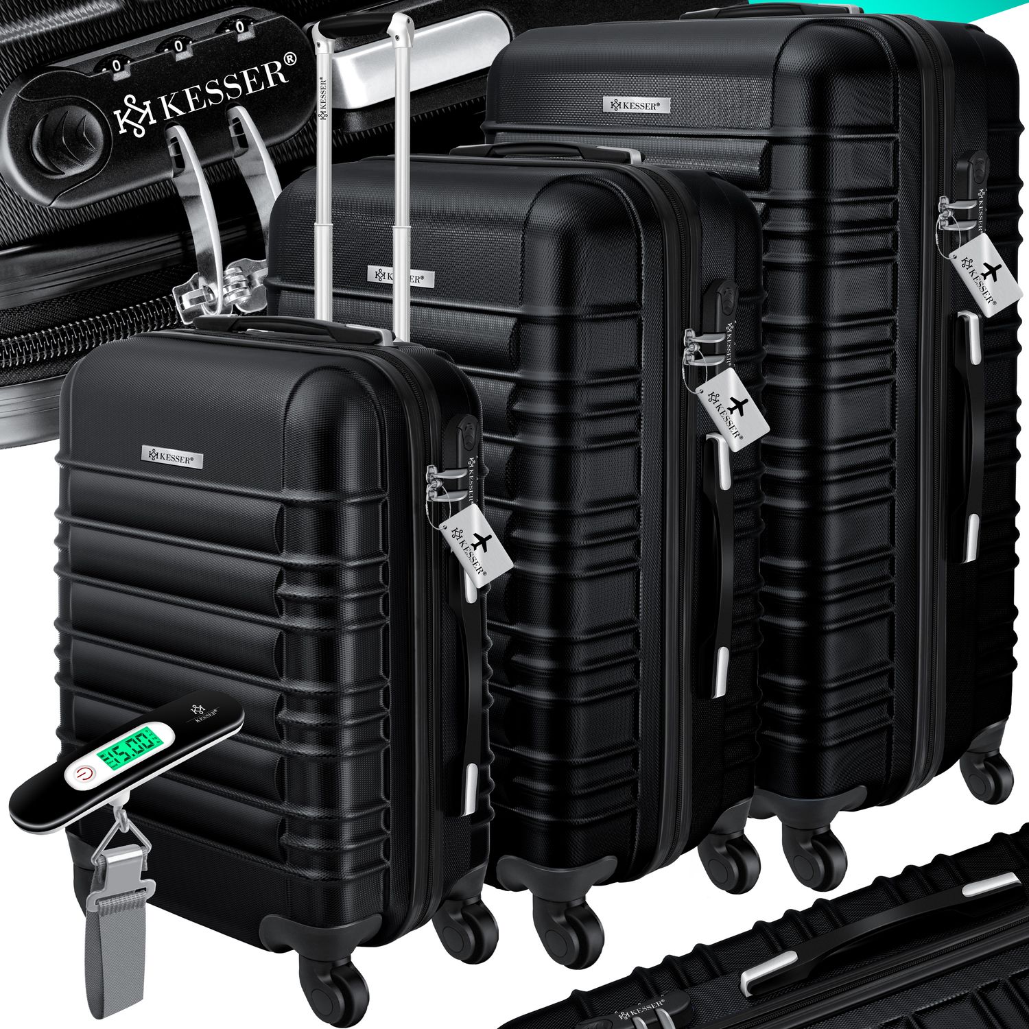 KESSER&reg; 3tlg. Hartschalenkofferset Hartschalenkoffer Reisekoffer Set Reisekofferset Trolley Koffer Inkl. Kofferwaage + Gep&auml;ckanh&auml;nger Rollkoffer Schloss 4 Rollen ABS-Hartschale Teleskopgriff M-L-XL - Bild 1