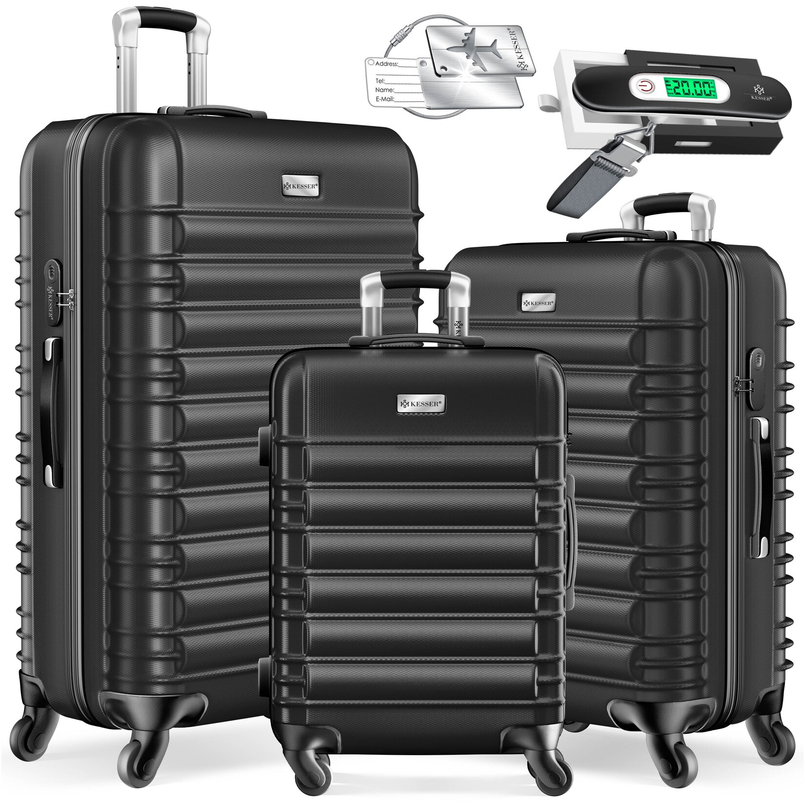KESSER® 3tlg. Hartschalenkofferset Hartschalenkoffer Reisekoffer Set Reisekofferset Trolley Koffer Inkl. Kofferwaage + Gepäckanhänger Rollkoffer Schloss 4 Rollen ABS-Hartschale Teleskopgriff M-L-XL
