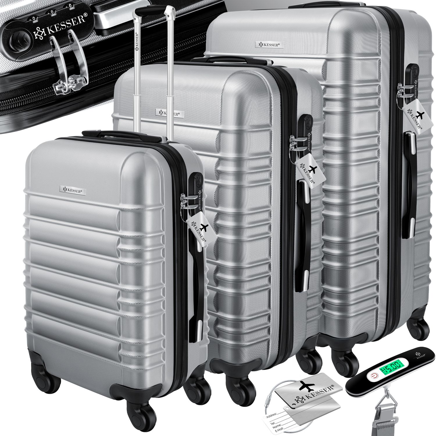 KESSER&reg; 3tlg. Hartschalenkofferset Hartschalenkoffer Reisekoffer Set Reisekofferset Trolley Koffer Inkl. Kofferwaage + Gep&auml;ckanh&auml;nger Rollkoffer Schloss 4 Rollen ABS-Hartschale Teleskopgriff M-L-XL - Bild 1