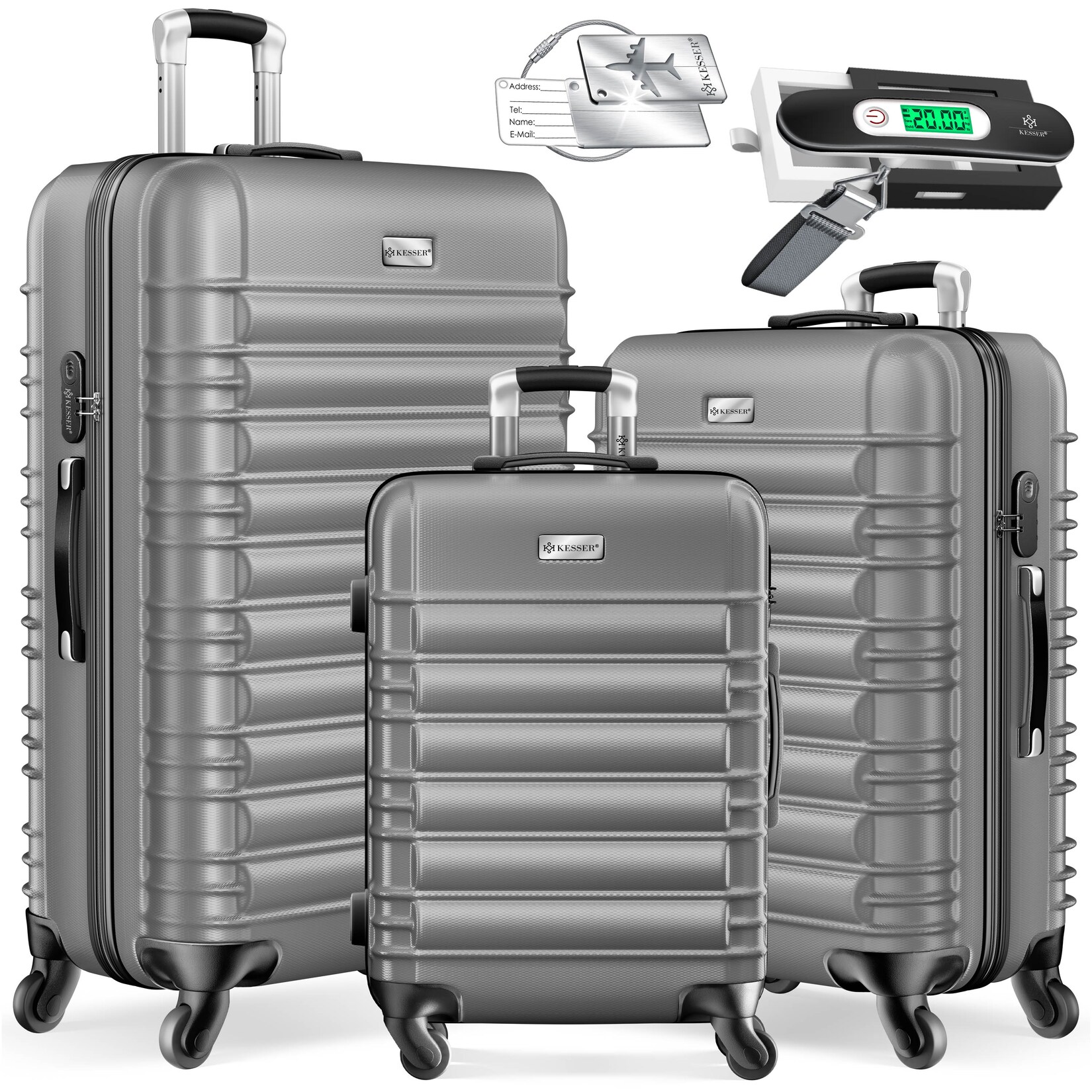 KESSER® 3tlg. Hartschalenkofferset Hartschalenkoffer Reisekoffer Set Reisekofferset Trolley Koffer Inkl. Kofferwaage + Gepäckanhänger Rollkoffer Schloss 4 Rollen ABS-Hartschale Teleskopgriff M-L-XL