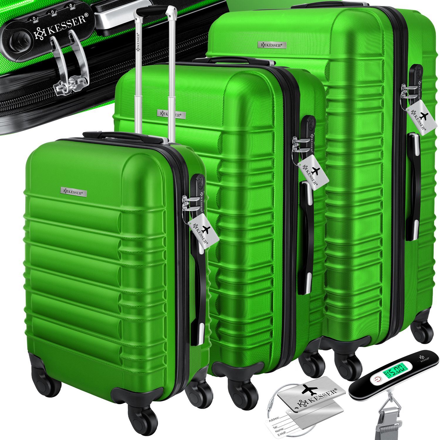 KESSER&reg; 3tlg. Hartschalenkofferset Hartschalenkoffer Reisekoffer Set Reisekofferset Trolley Koffer Inkl. Kofferwaage + Gep&auml;ckanh&auml;nger Rollkoffer Schloss 4 Rollen ABS-Hartschale Teleskopgriff M-L-XL - Bild 1