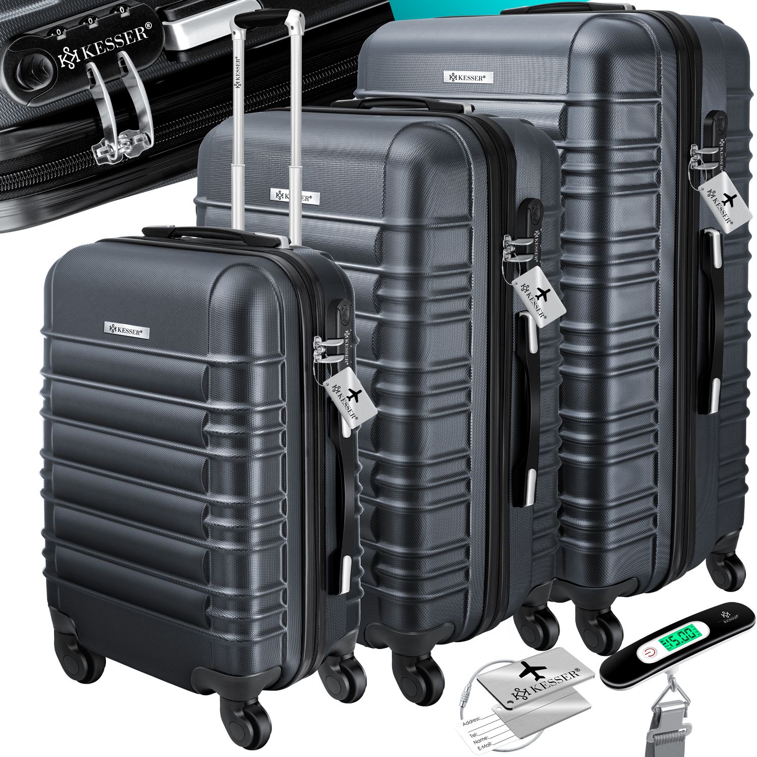 KESSER&reg; 3tlg. Hartschalenkofferset Hartschalenkoffer Reisekoffer Set Reisekofferset Trolley Koffer Inkl. Kofferwaage + Gep&auml;ckanh&auml;nger Rollkoffer Schloss 4 Rollen ABS-Hartschale Teleskopgriff M-L-XL - Bild 1