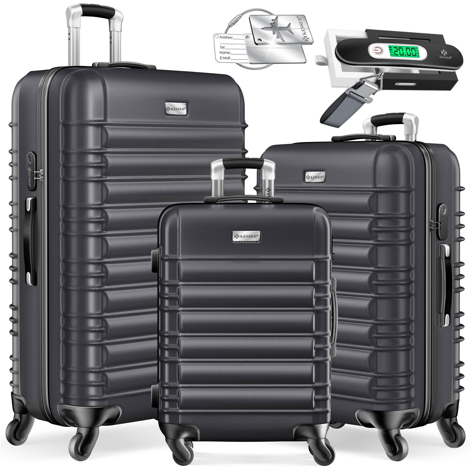 KESSER® 3tlg. Hartschalenkofferset Hartschalenkoffer Reisekoffer Set Reisekofferset Trolley Koffer Inkl. Kofferwaage + Gepäckanhänger Rollkoffer Schloss 4 Rollen ABS-Hartschale Teleskopgriff M-L-XL