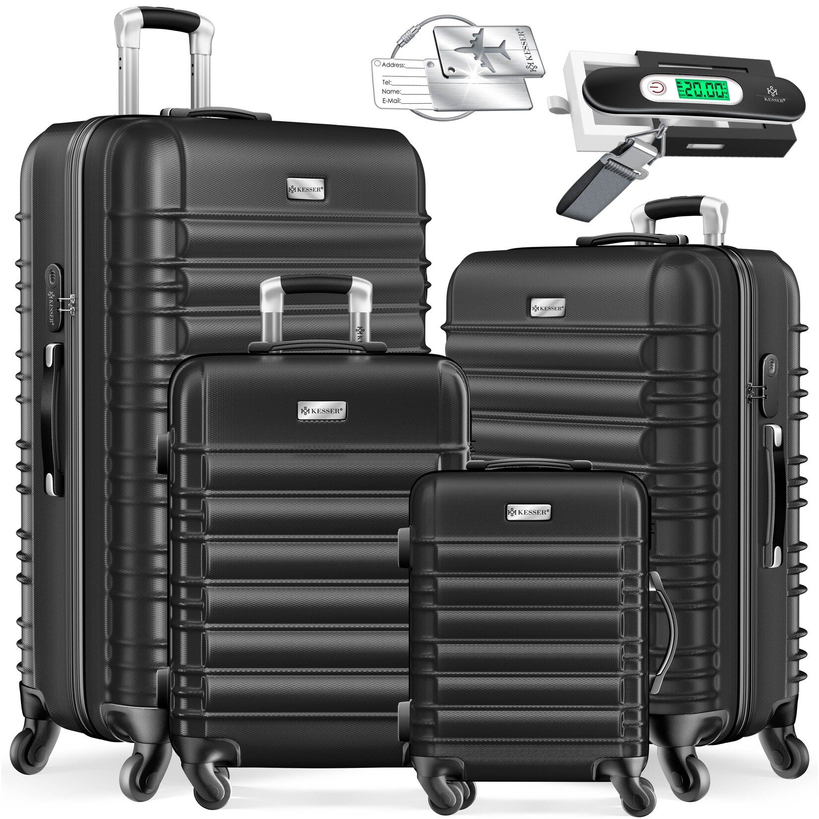 KESSER® 4tlg. Hartschalenkofferset Hartschalenkoffer Reisekoffer Set Reisekofferset Trolley Koffer Inkl. Kofferwaage + Gepäckanhänger Rollkoffer Schloss 4 Rollen ABS-Hartschale Teleskopgriff S-M-L-XL