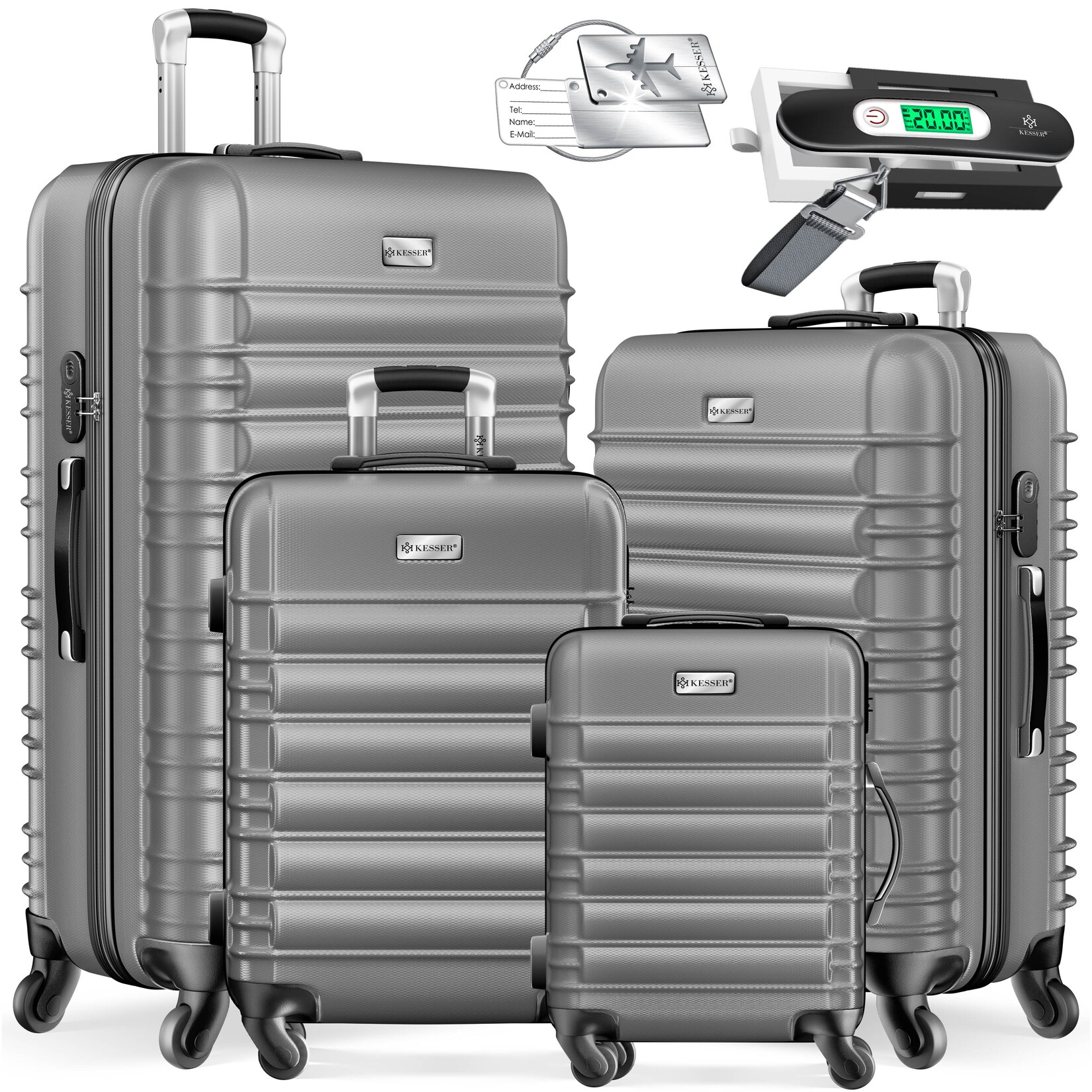 KESSER® 4tlg. Hartschalenkofferset Hartschalenkoffer Reisekoffer Set Reisekofferset Trolley Koffer Inkl. Kofferwaage + Gepäckanhänger Rollkoffer Schloss 4 Rollen ABS-Hartschale Teleskopgriff S-M-L-XL