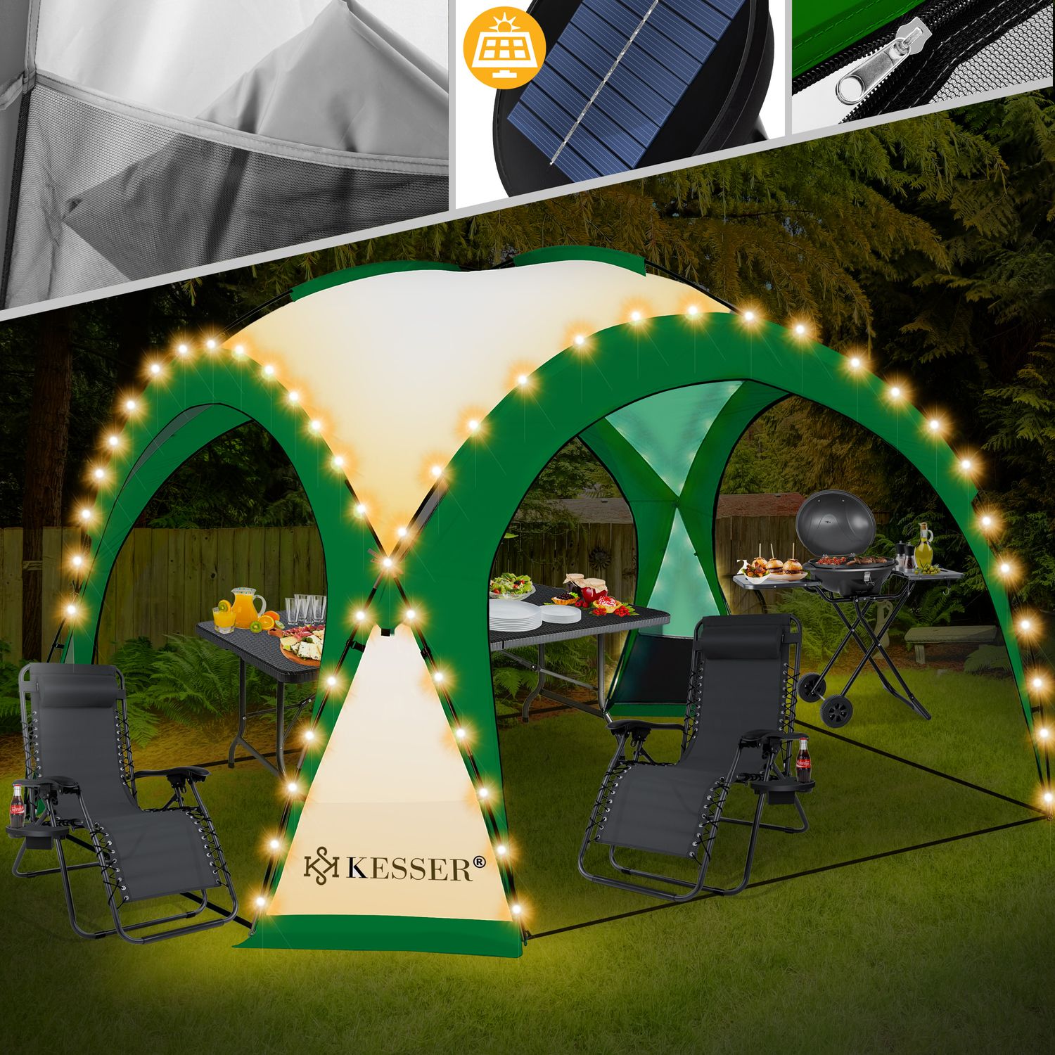 KESSER&reg; LED Event Pavillon inkl. Solarmodul Designer Dome Gartenzelt 3,6 x 3,6m Camping Garten Partyzelt Eventzelt Festzelt Eventpavillon mit Beleuchtung wasserabweisend UV-Schutz Strandzelt - Bild 1
