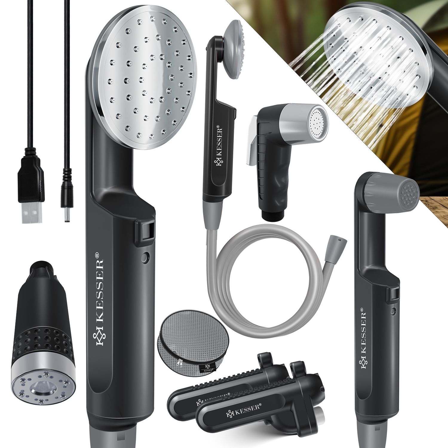 KESSER&reg; Campingdusche mit Akku Tauchpumpe Handbrause 2x 2200mAh-Lithium-Akku, USB-Ladekabel , f&uuml;r Camping Garten - Auto - Outdoor , Hundedusche , Autoreinigung , Inkl. Tragetasche, 12V Pumpe - Bild 1