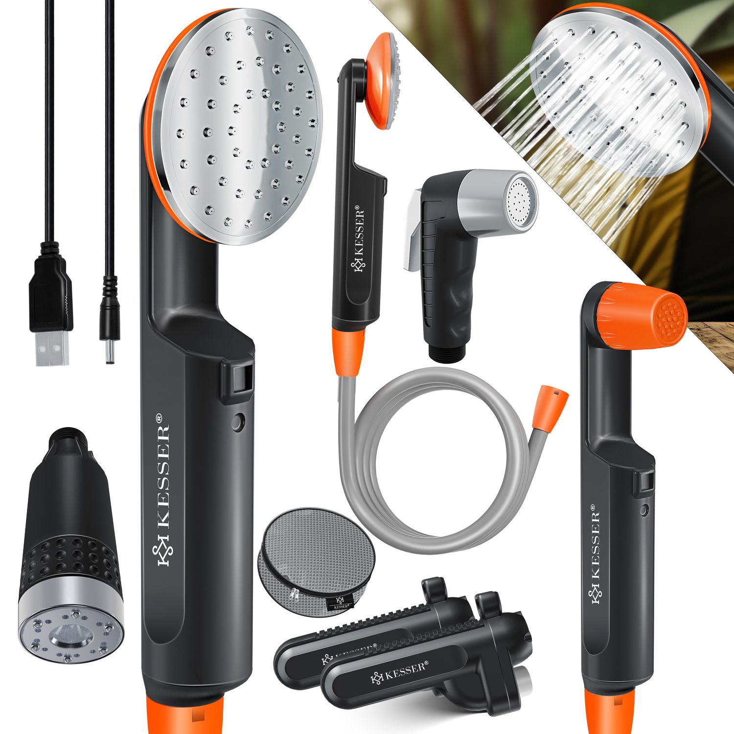 KESSER&reg; Campingdusche mit Akku Tauchpumpe Handbrause 2x 2200mAh-Lithium-Akku, USB-Ladekabel , f&uuml;r Camping Garten - Auto - Outdoor , Hundedusche , Autoreinigung , Inkl. Tragetasche, 12V Pumpe - Bild 1