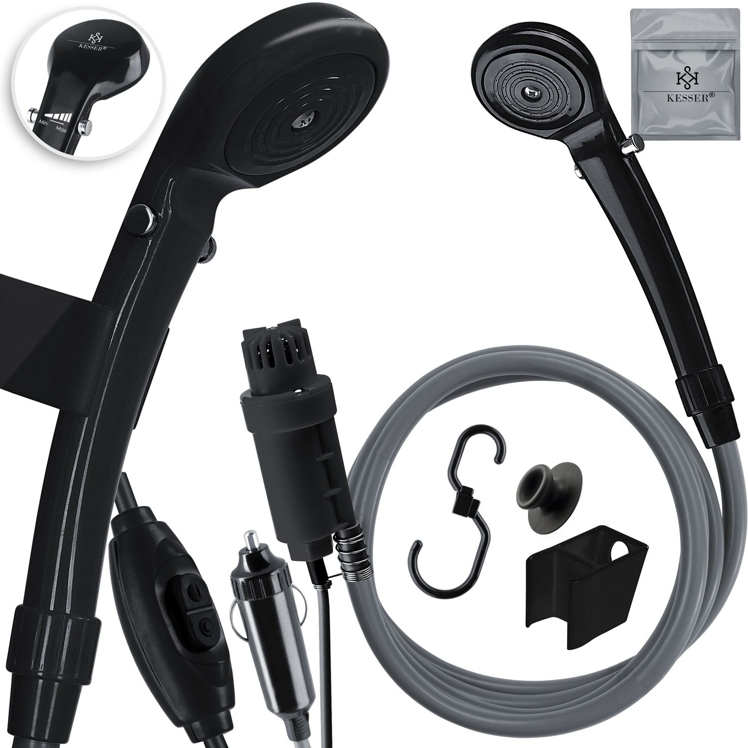 KESSER&reg; Campingdusche mit Tauchpumpe Handbrause 12 V KFZ-Adapter, f&uuml;r Camping Garten - Auto - Outdoor , Hundedusche , Autoreinigung  2m Schlauch Stromkabel 5m Inkl. Aufbewahrungstasche - Bild 1