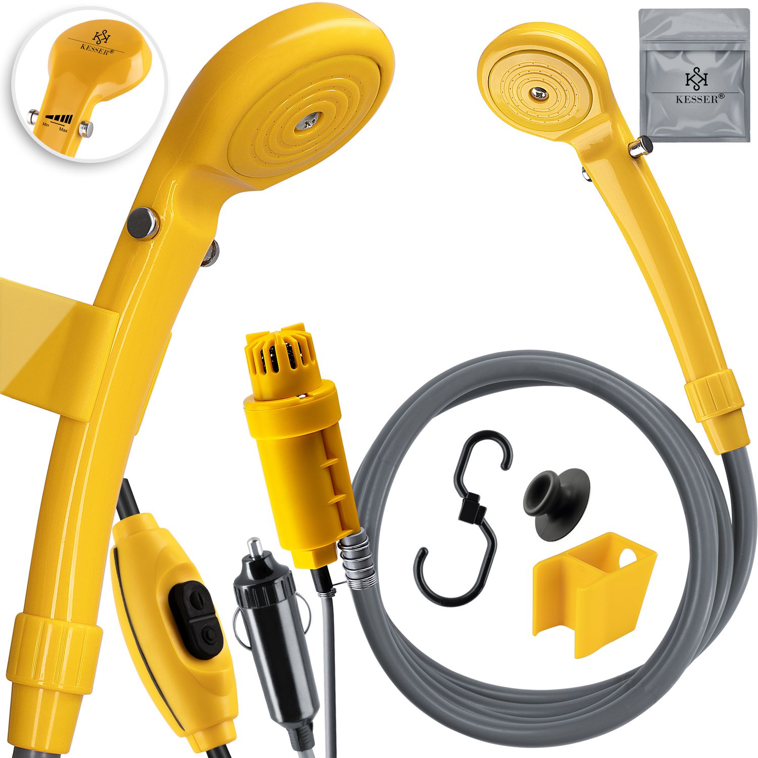 KESSER&reg; Campingdusche mit Tauchpumpe Handbrause 12 V KFZ-Adapter, f&uuml;r Camping Garten - Auto - Outdoor , Hundedusche , Autoreinigung  2m Schlauch Stromkabel 5m Inkl. Aufbewahrungstasche - Bild 1