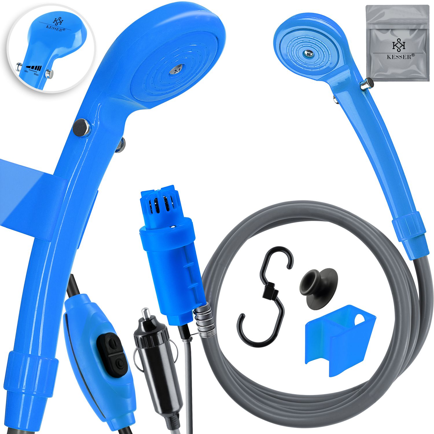 KESSER&reg; Campingdusche mit Tauchpumpe Handbrause 12 V KFZ-Adapter, f&uuml;r Camping Garten - Auto - Outdoor , Hundedusche , Autoreinigung  2m Schlauch Stromkabel 5m Inkl. Aufbewahrungstasche - Bild 1