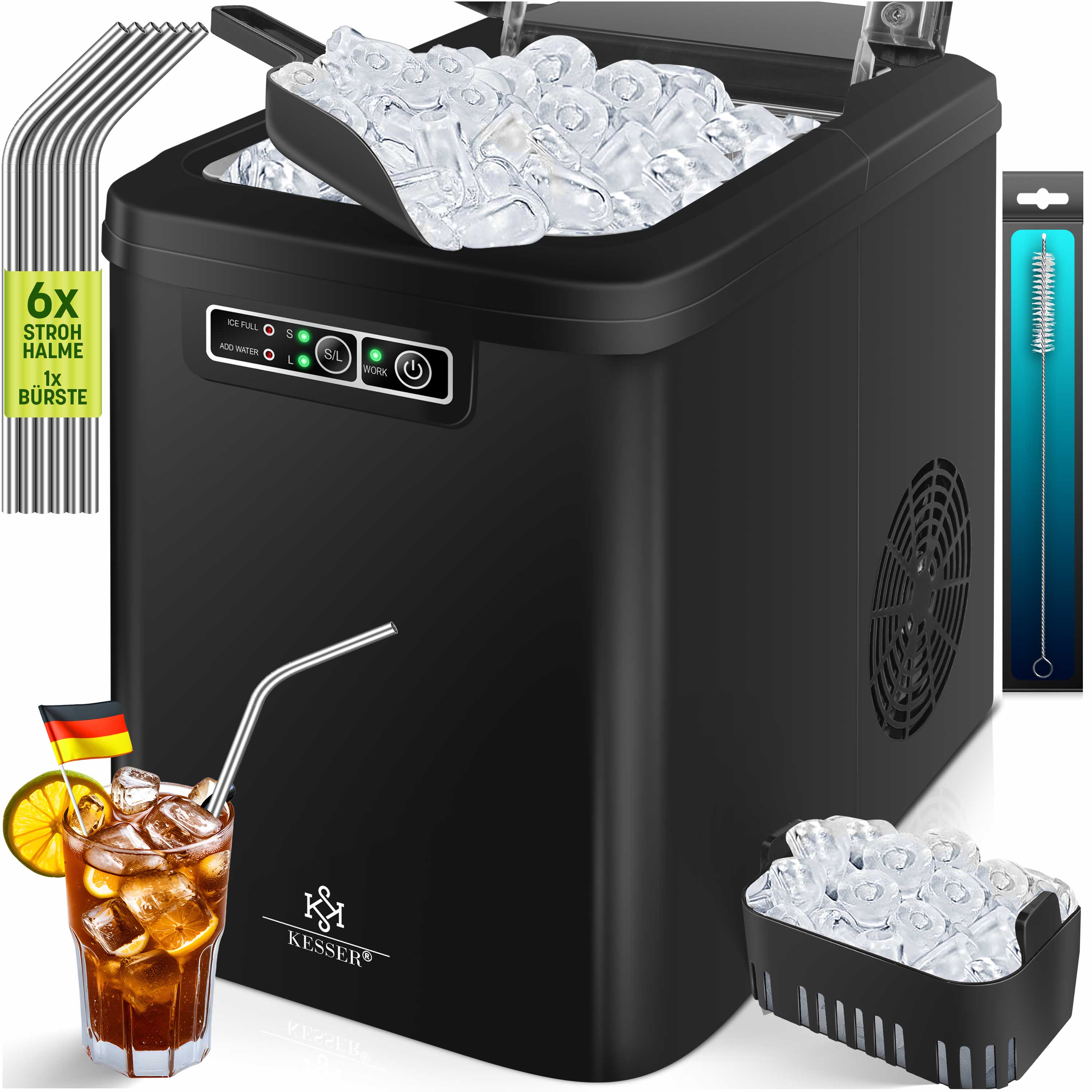 KESSER&reg; Eisw&uuml;rfelbereiter | Eisw&uuml;rfelmaschine Edelstahl | Ice Maker | 12 in 24h | Zubereitung in 7 min | 2,2 Liter Wassertank | 2 Eisw&uuml;rfel-Gr&ouml;&szlig;en | LED-Display | Selbstreinigungsfunktion mit Zubeh&ouml;r - Bild 1