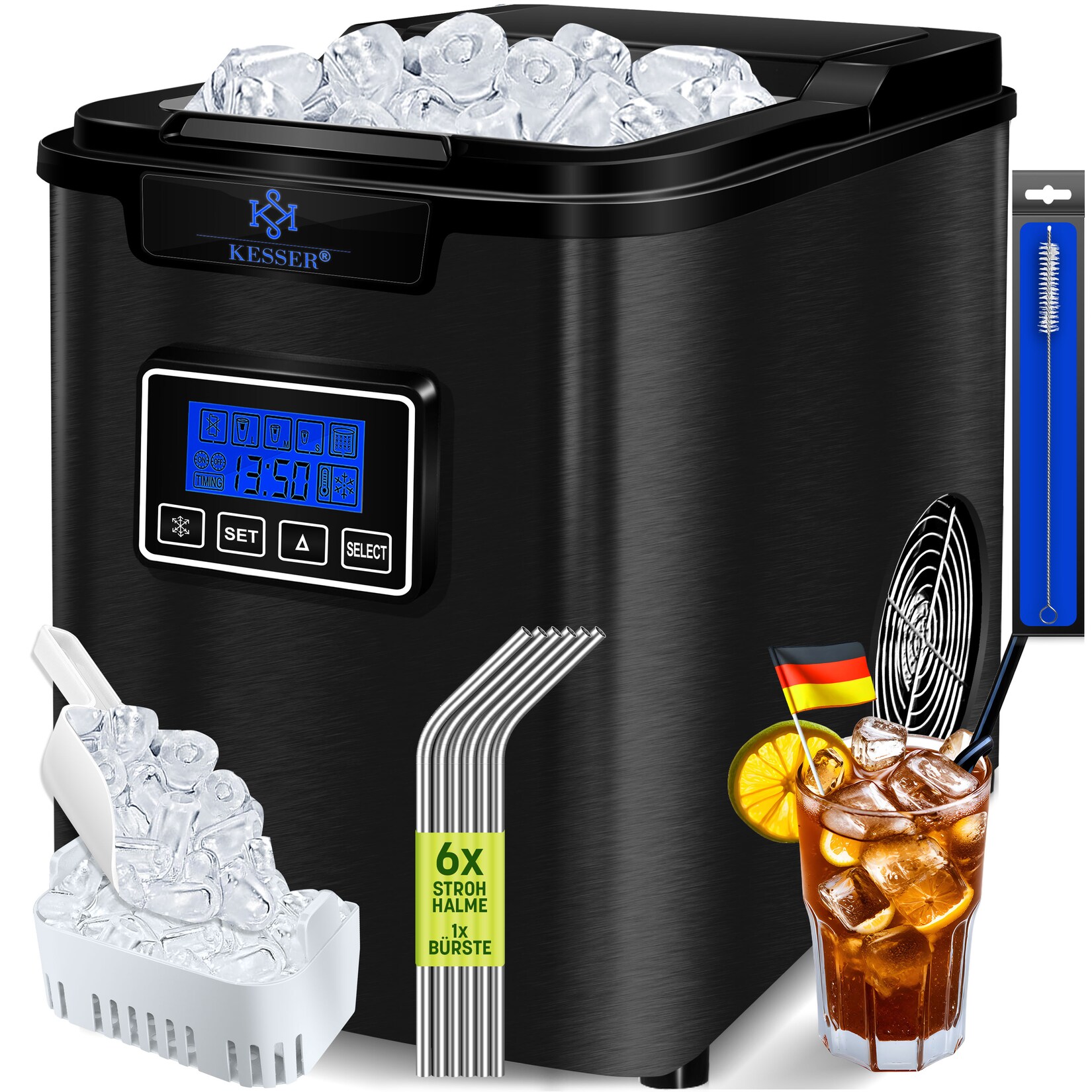 KESSER® Eiswürfelbereiter   Eiswürfelmaschine Edelstahl   150W  Ice Maker   12 kg 24 h   3 Würfelgrößen   Zubereitung in 6 min   2,2 Liter Wassertank   Timer   LCD-Display   Selbstreinigungsfunktion | 04255598327114