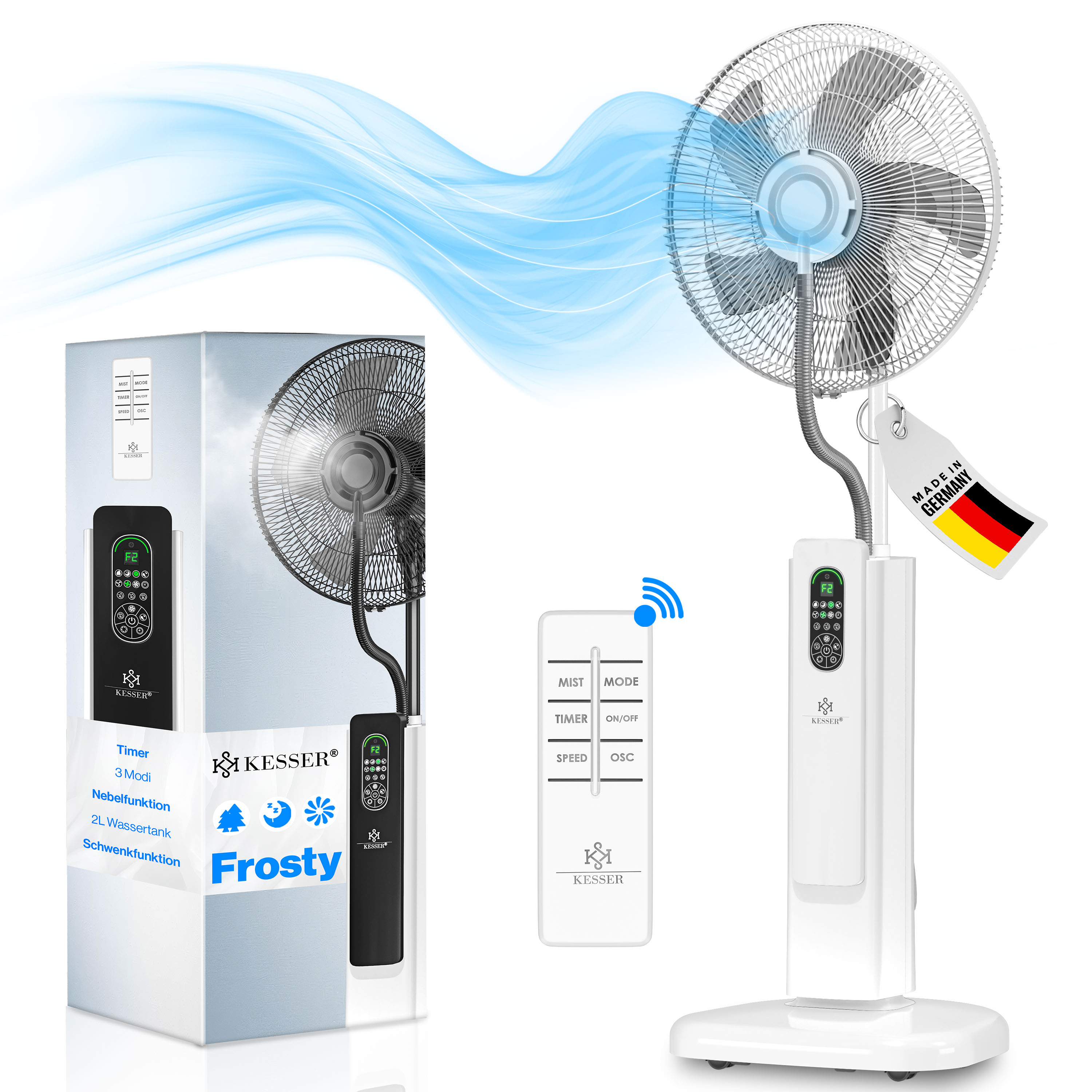KESSER&reg; Stand-Ventilator Frosty mit Wasser Ultraschall-Spr&uuml;hnebel Wasserk&uuml;hlung , inkl. Fernbedienung Timer-Funktion , Luftbefeuchter Leise ,  Nebelfunktion , Raumbefeuchter , Standventilator - Bild 1