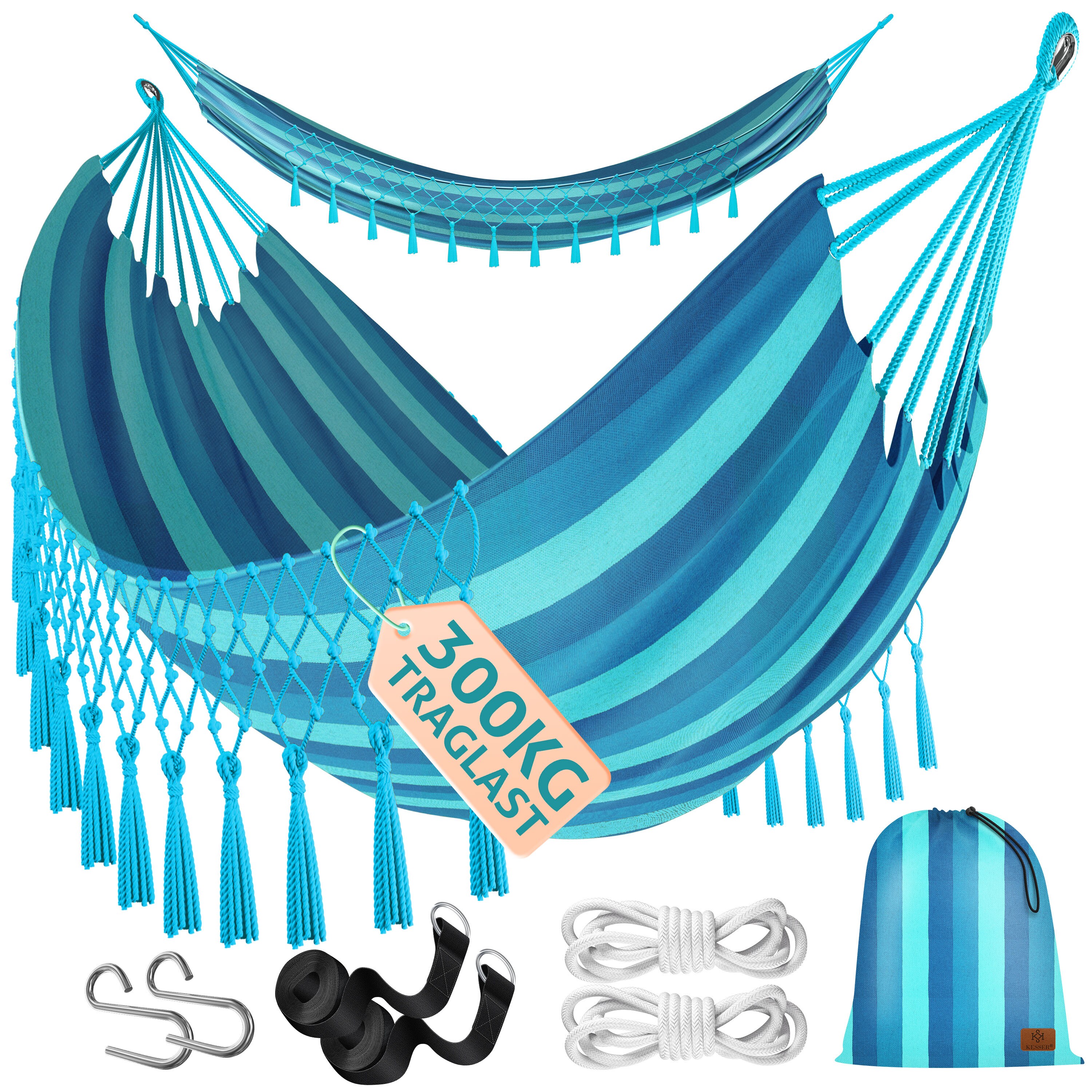 KESSER&reg; H&auml;ngematte 320x150 cm belastbar bis 300 kg, wetterfeste & atmungsaktive Tuchh&auml;ngematte mit Fransen f&uuml;r 1-2 Personen &ndash; Ideal f&uuml;r Camping, Garten & Outdoor, inkl. Beutel, Seile & Gurte - Bild 1