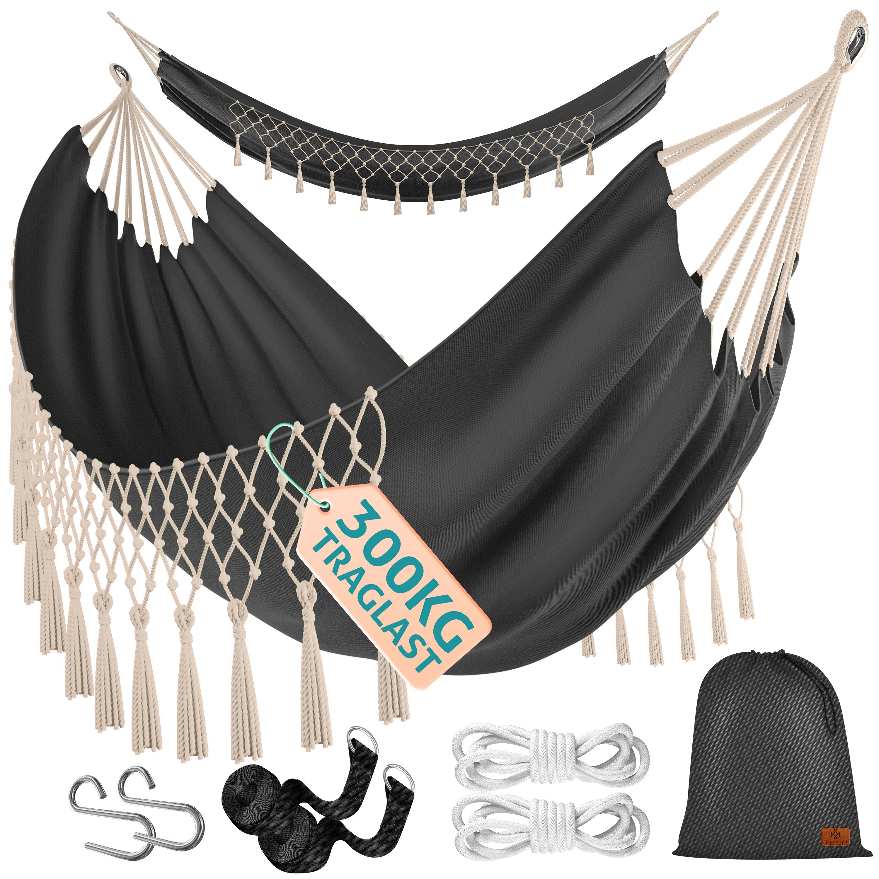 KESSER&reg; H&auml;ngematte 320x150 cm belastbar bis 300 kg, wetterfeste & atmungsaktive Tuchh&auml;ngematte mit Fransen f&uuml;r 1-2 Personen &ndash; Ideal f&uuml;r Camping, Garten & Outdoor, inkl. Beutel, Seile & Gurte - Bild 1