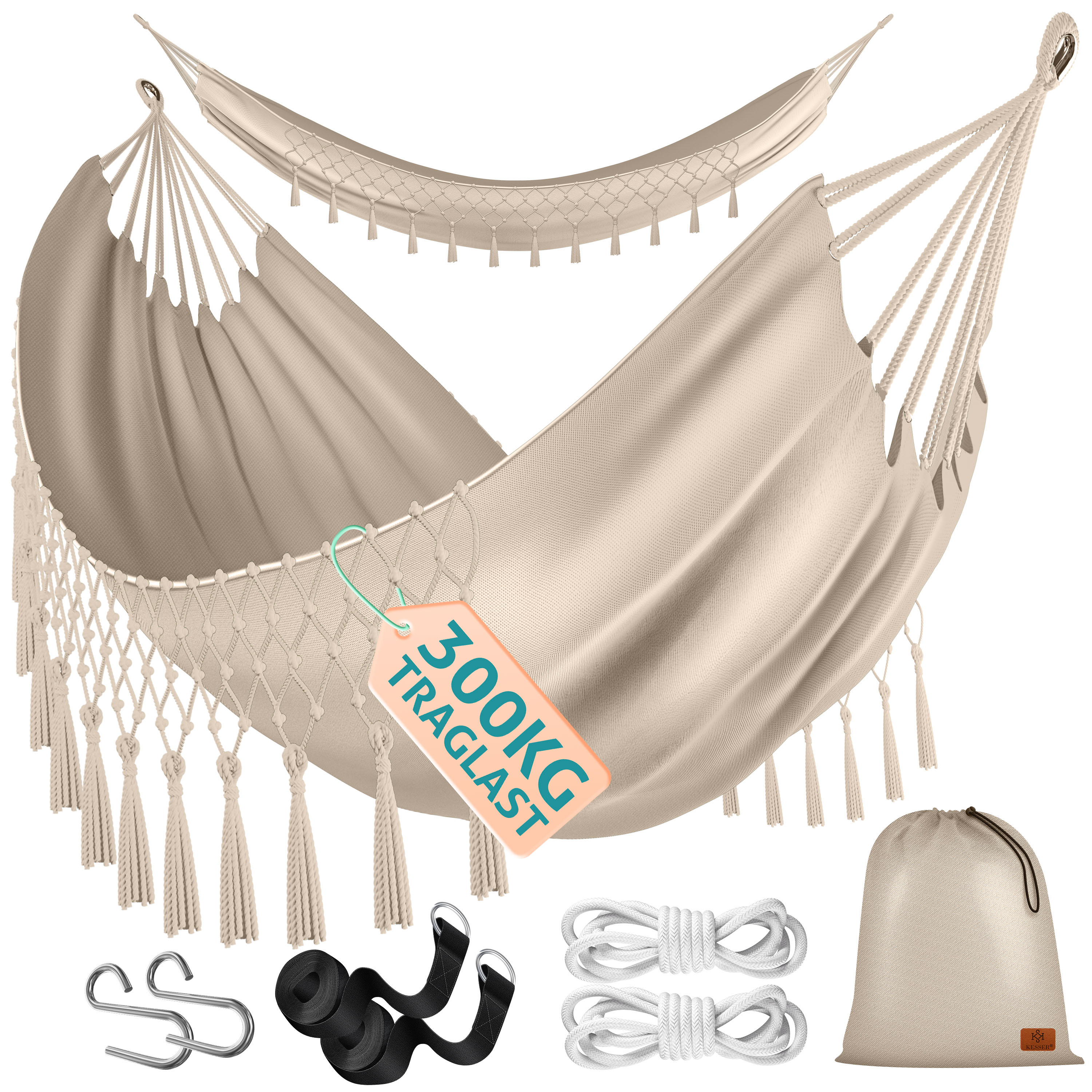 KESSER&reg; H&auml;ngematte 320x150 cm belastbar bis 300 kg, wetterfeste & atmungsaktive Tuchh&auml;ngematte mit Fransen f&uuml;r 1-2 Personen &ndash; Ideal f&uuml;r Camping, Garten & Outdoor, inkl. Beutel, Seile & Gurte - Bild 1