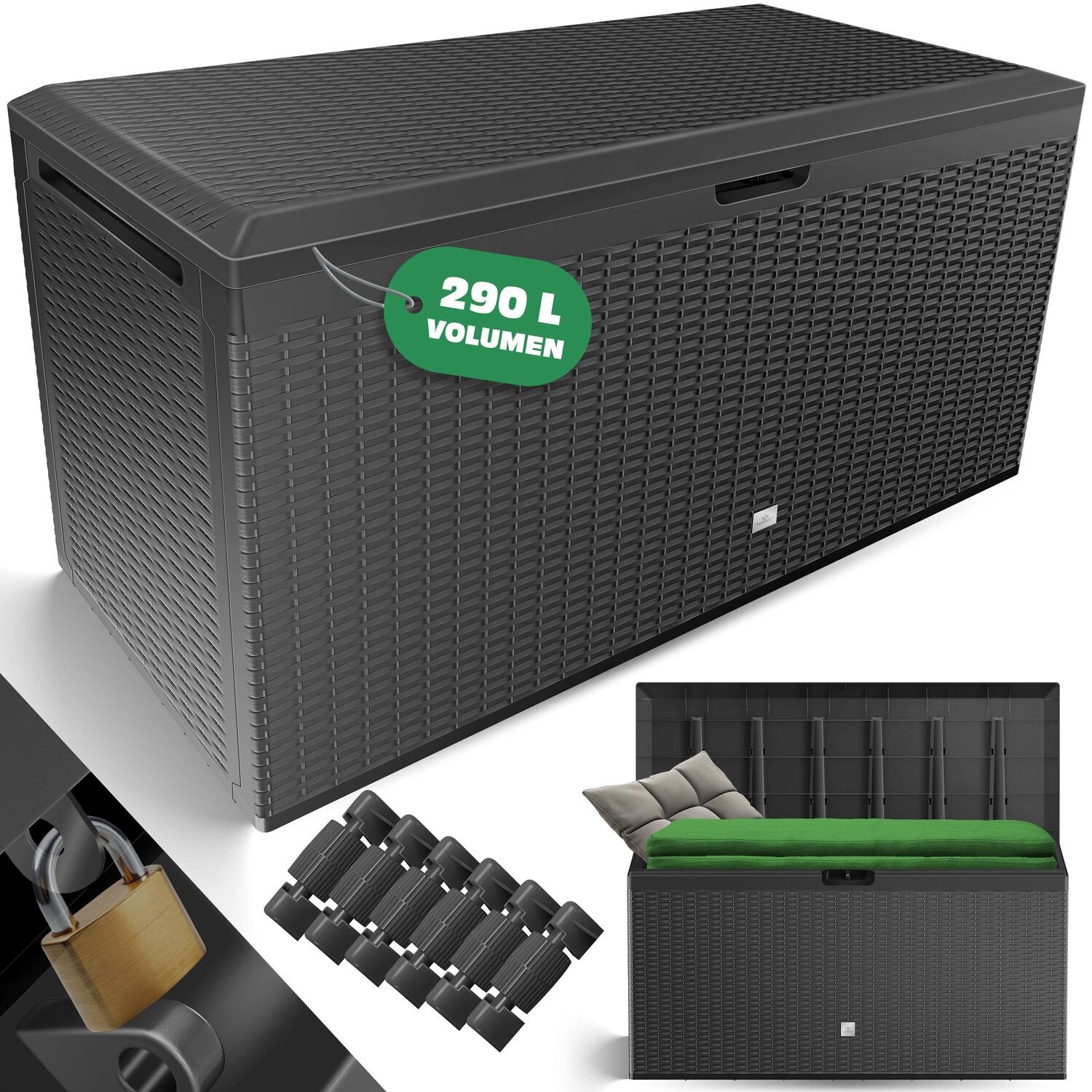 KESSER® Auflagenbox Rattanoptik Kissenbox 290 Liter mit Rollen klappbarer Deckel Haltegriffe Rattanoptik Gartenbox wetterfeste Gartenkiste Aufbewahrungsbox | 04260663280058