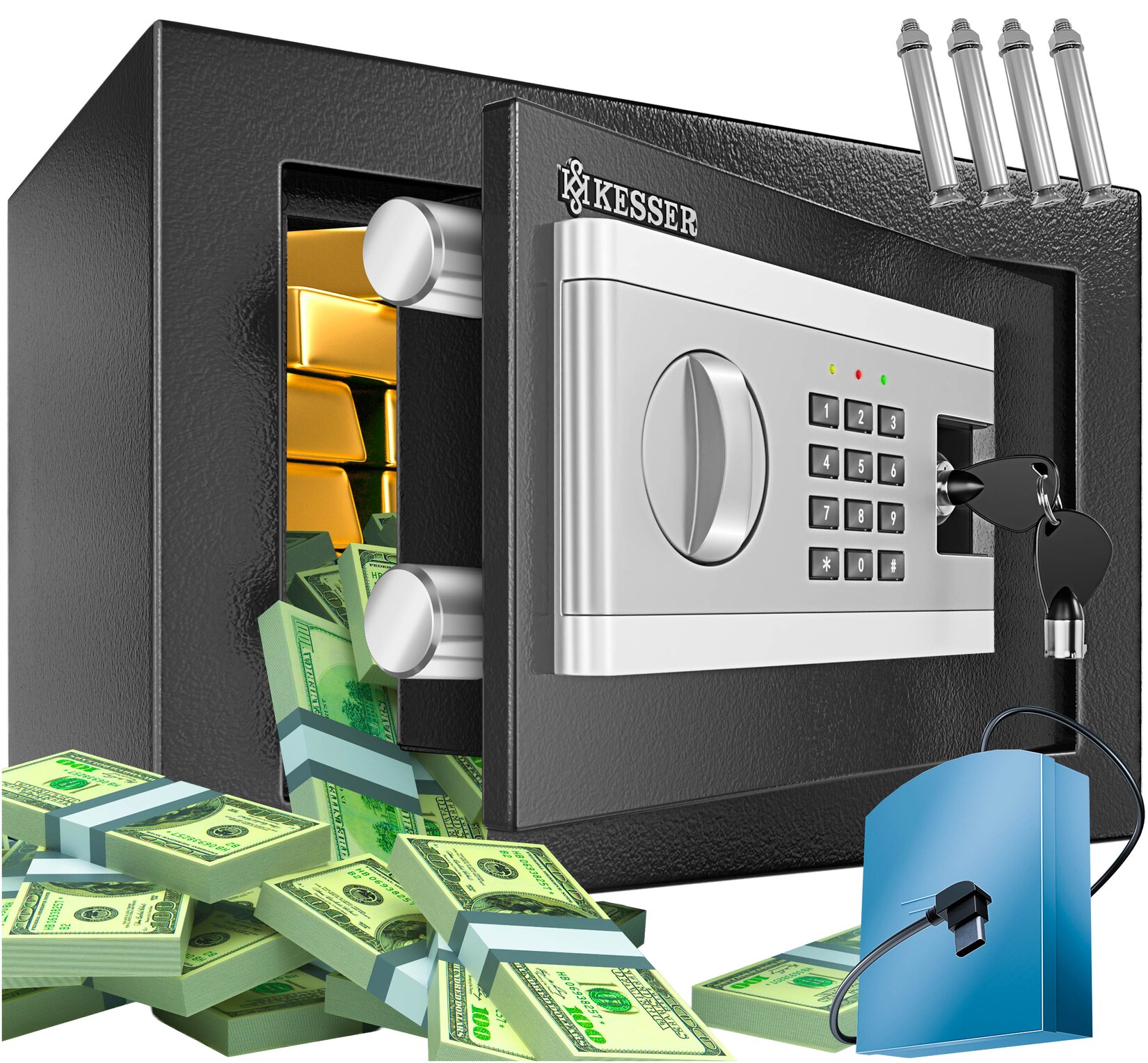 KESSER® Elektr. Tresor Inkl. Batteriebox Elektronischer Safe 3x Doppelbolzenverriegelung Boden Wandtresor Möbeltresor Innenbeleuchtung Panzerschrank Zahlenschloss