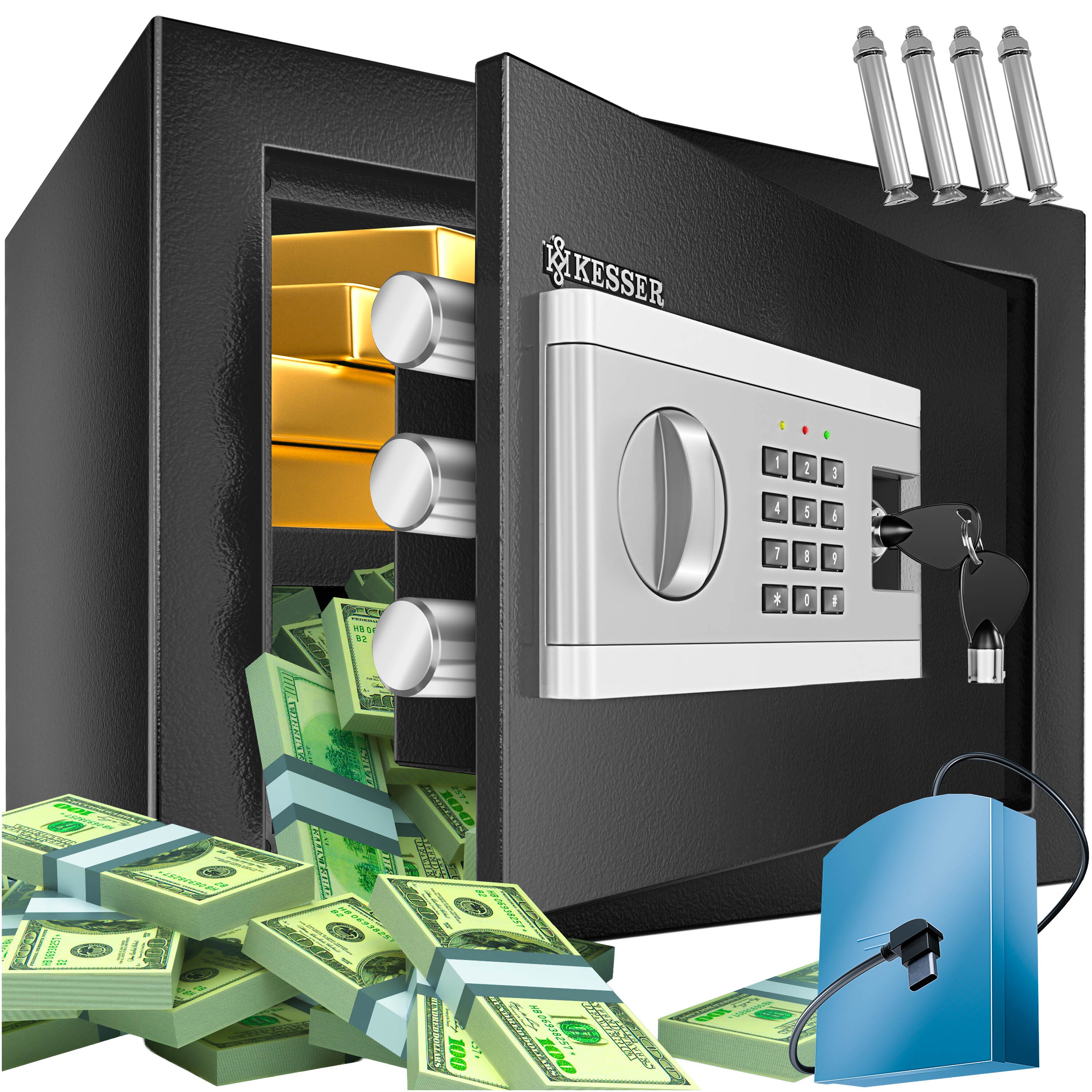 KESSER&reg; Elektr. Tresor | Inkl. Batteriebox | Elektronischer Safe | 3x Doppelbolzenverriegelung | Boden Wandtresor | M&ouml;beltresor | Innenbeleuchtung | Panzerschrank Zahlenschloss - Bild 1