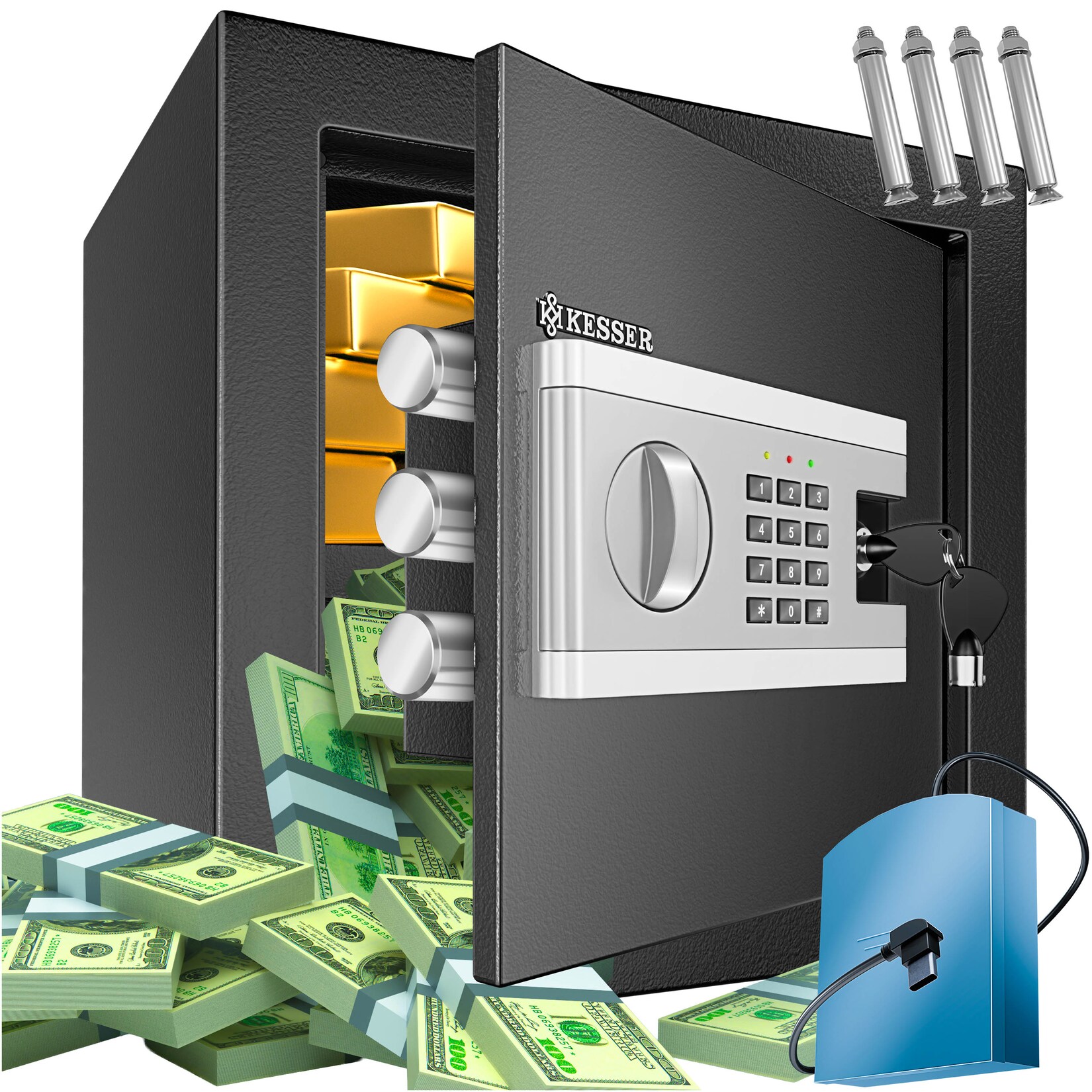 KESSER® Elektr. Tresor Inkl. Batteriebox Elektronischer Safe 3x Doppelbolzenverriegelung Boden Wandtresor Möbeltresor Innenbeleuchtung Panzerschrank Zahlenschloss