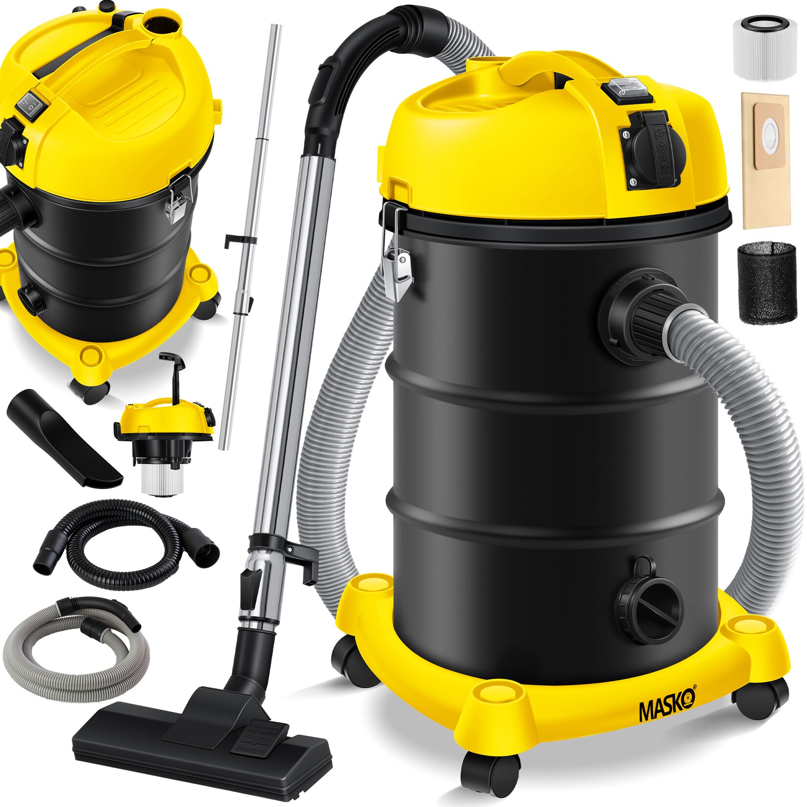 MASKO® 6IN1 Industriestaubsauger Staubsauger Nass Trocken Sauger Aschesauger 2300W + Steckdose ? Blasfunktion ? Trocken-Saugen & Nass-Saugen   Industrie-Sauger mit & ohne Beutel   beutellos | 04260635557942