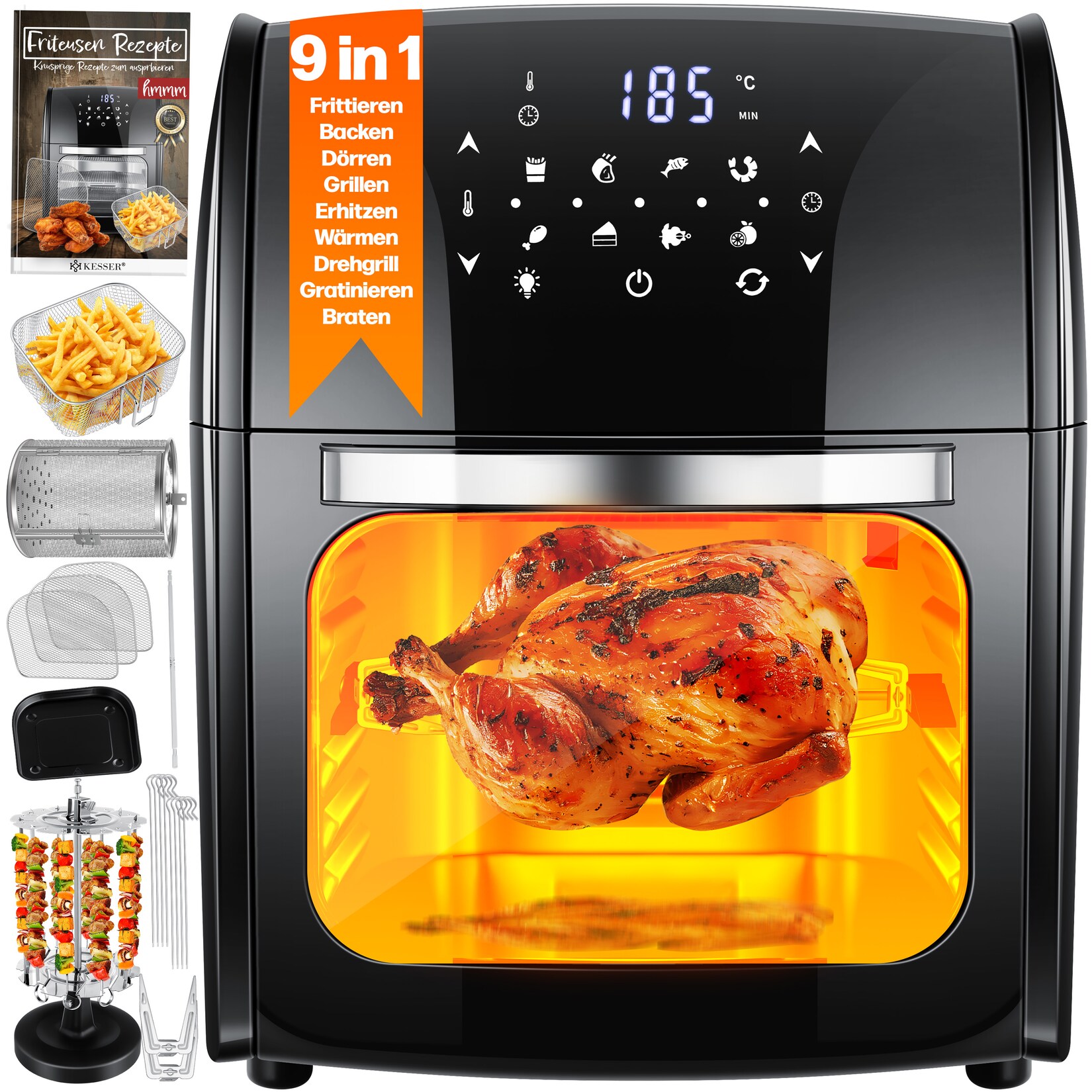 KESSER XXL Airfryer 9in1 Heißluftfritteuse Fritteuse Drehgrill Mikrowellen Rezeptheft Grillspieß 1800 Watt fettfrei grillen 8 Programme inkl. Zubehör